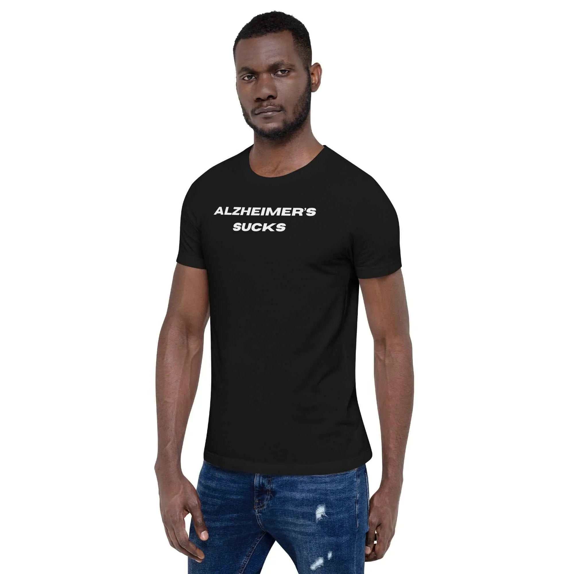 Man wearing a black unisex Alzheimer's Sucks t-shirt with white text