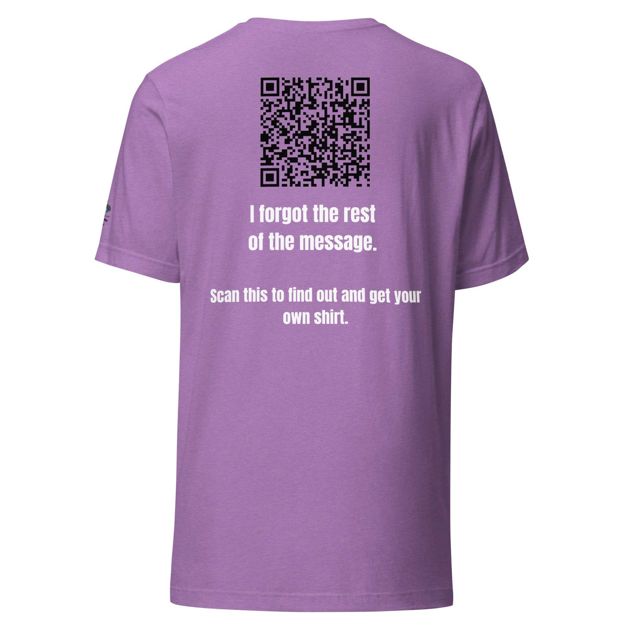 Purple "Direct & Distracted" Greg Support tee for Alzheimer's awareness with bold white print and QR code on back