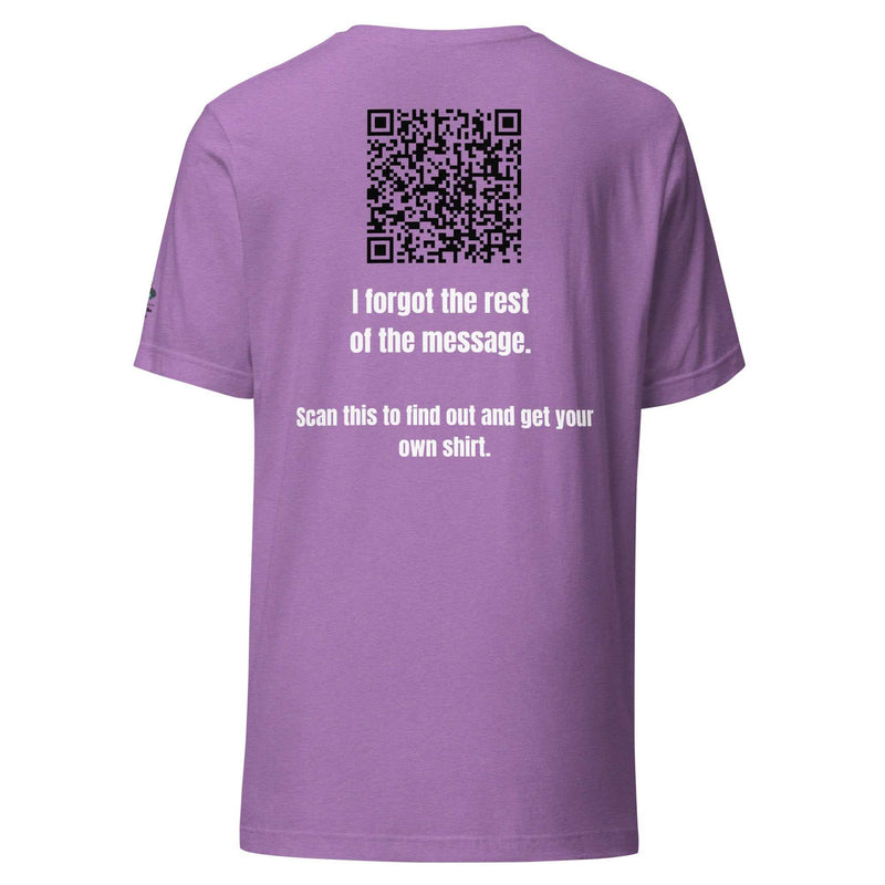 Purple "Direct & Distracted" Greg Support tee for Alzheimer's awareness with bold white print and QR code on back