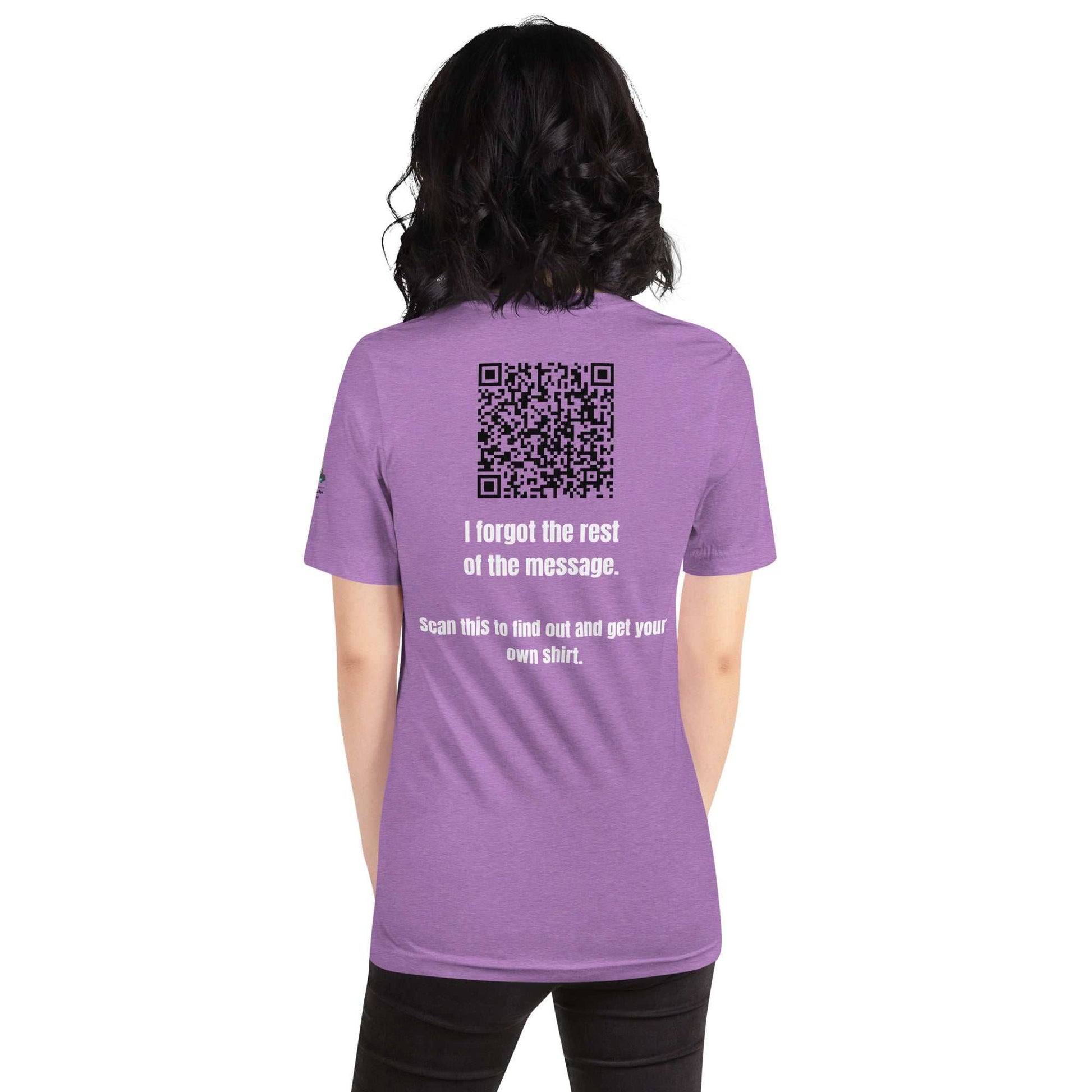 Purple "Direct & Distracted" Greg Support Tee for Alzheimer's awareness with bold white print and QR code on back