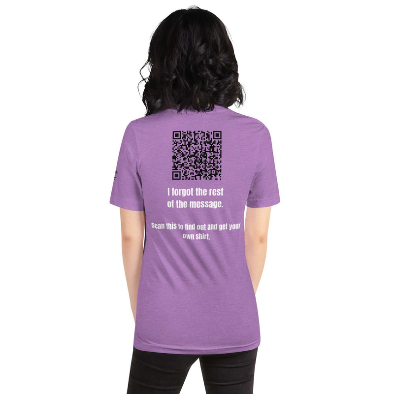 Purple "Direct & Distracted" Greg Support Tee for Alzheimer's awareness with bold white print and QR code on back