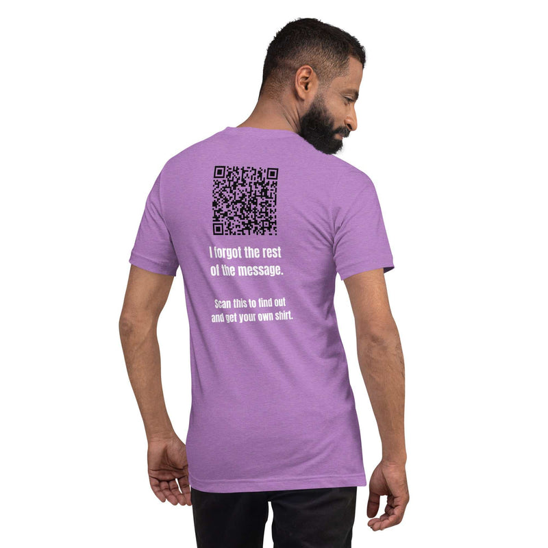 Man wearing purple Direct and Distracted Alzheimer's Awareness tee with QR code and text on back