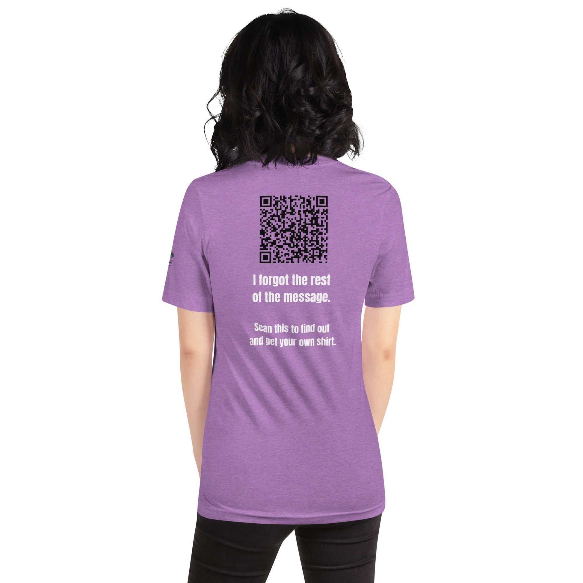 Back view of purple Direct and Distracted Alzheimer's Awareness t-shirt with QR code and text