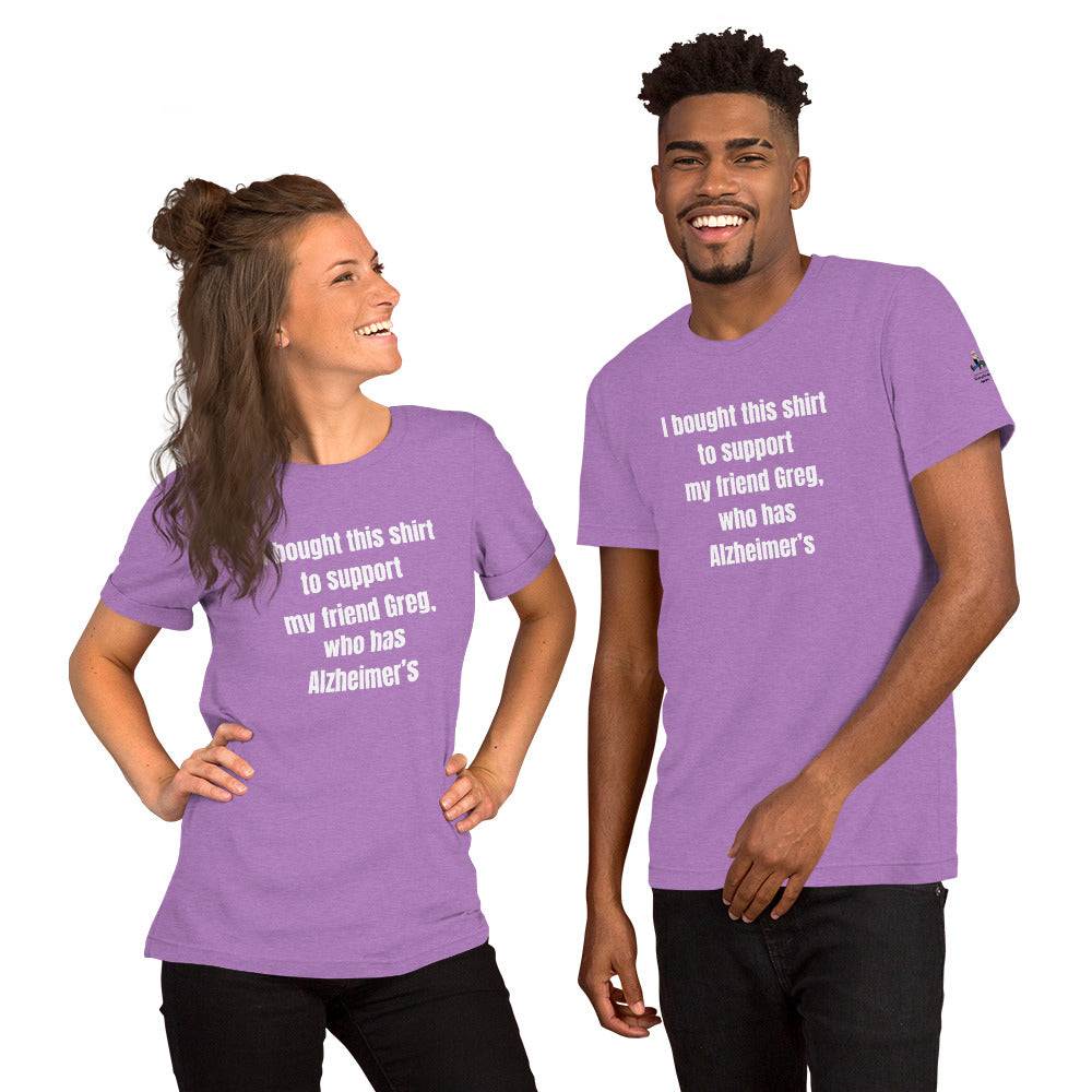 Man and woman wearing purple Direct and Distracted Alzheimer's Awareness tees with printed text
