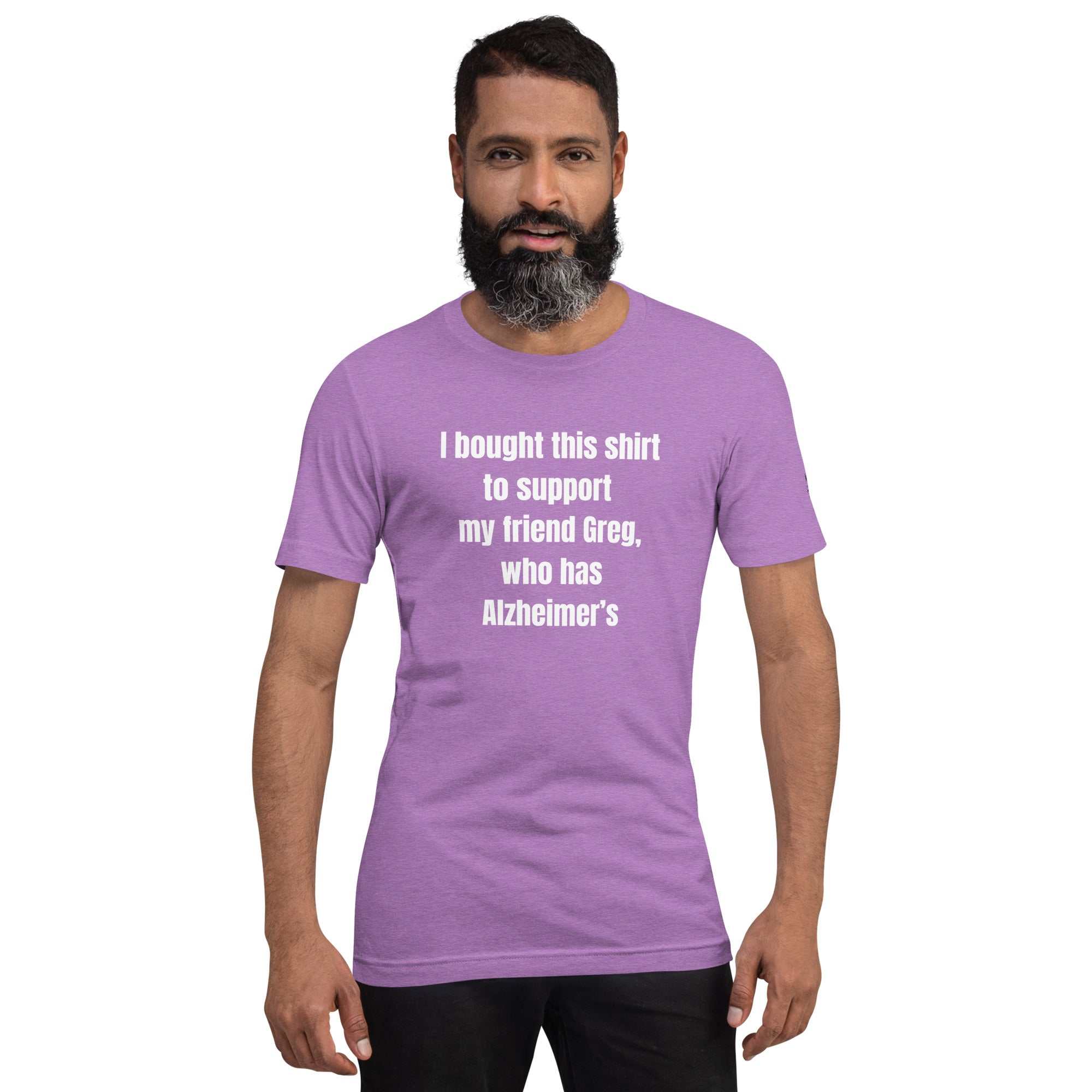 Man wearing a purple Direct and Distracted Alzheimer's Awareness Tee with white text