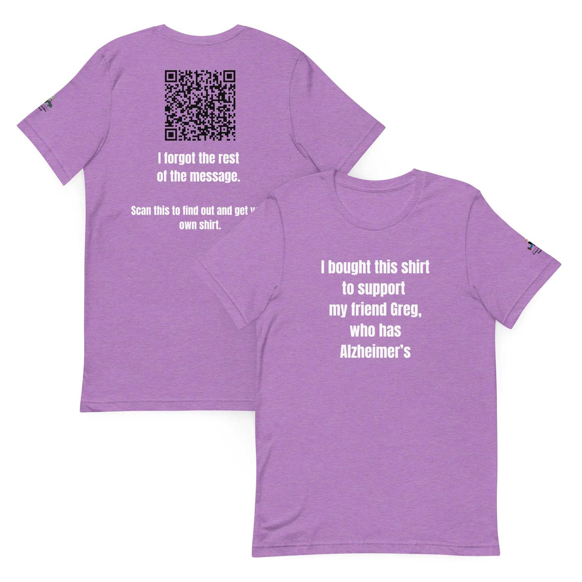 Purple "Direct & Distracted" Greg Support Tee for Alzheimer's awareness with bold white print and QR code on back