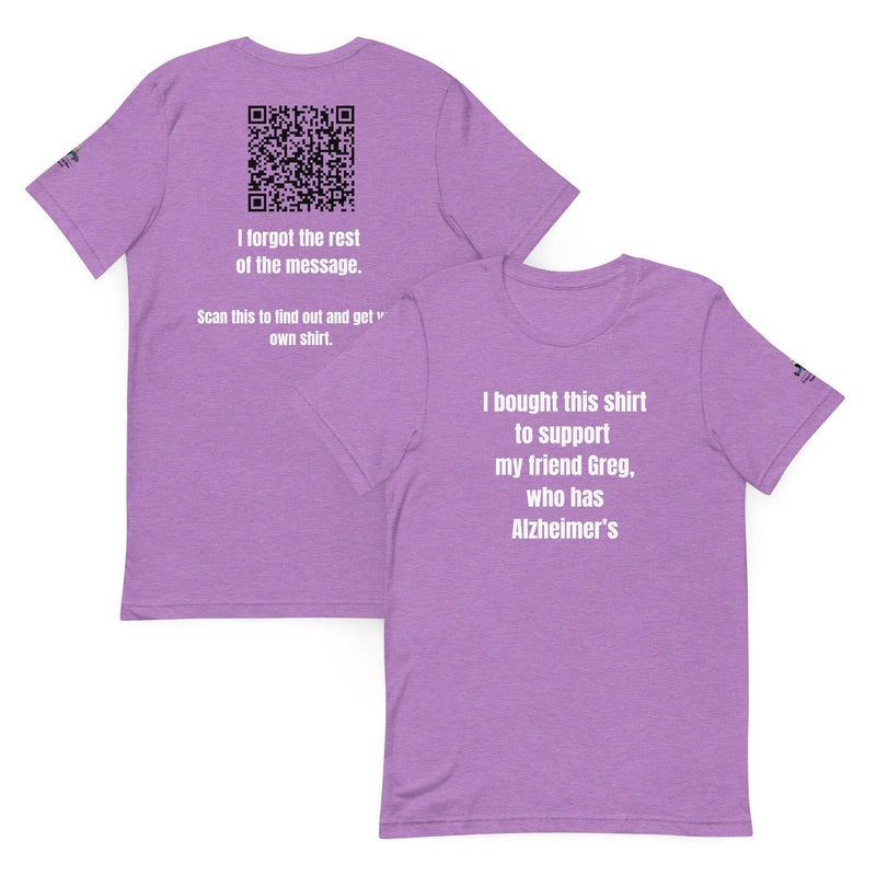Purple "Direct & Distracted" Greg Support Tee for Alzheimer's awareness with bold white print and QR code on back
