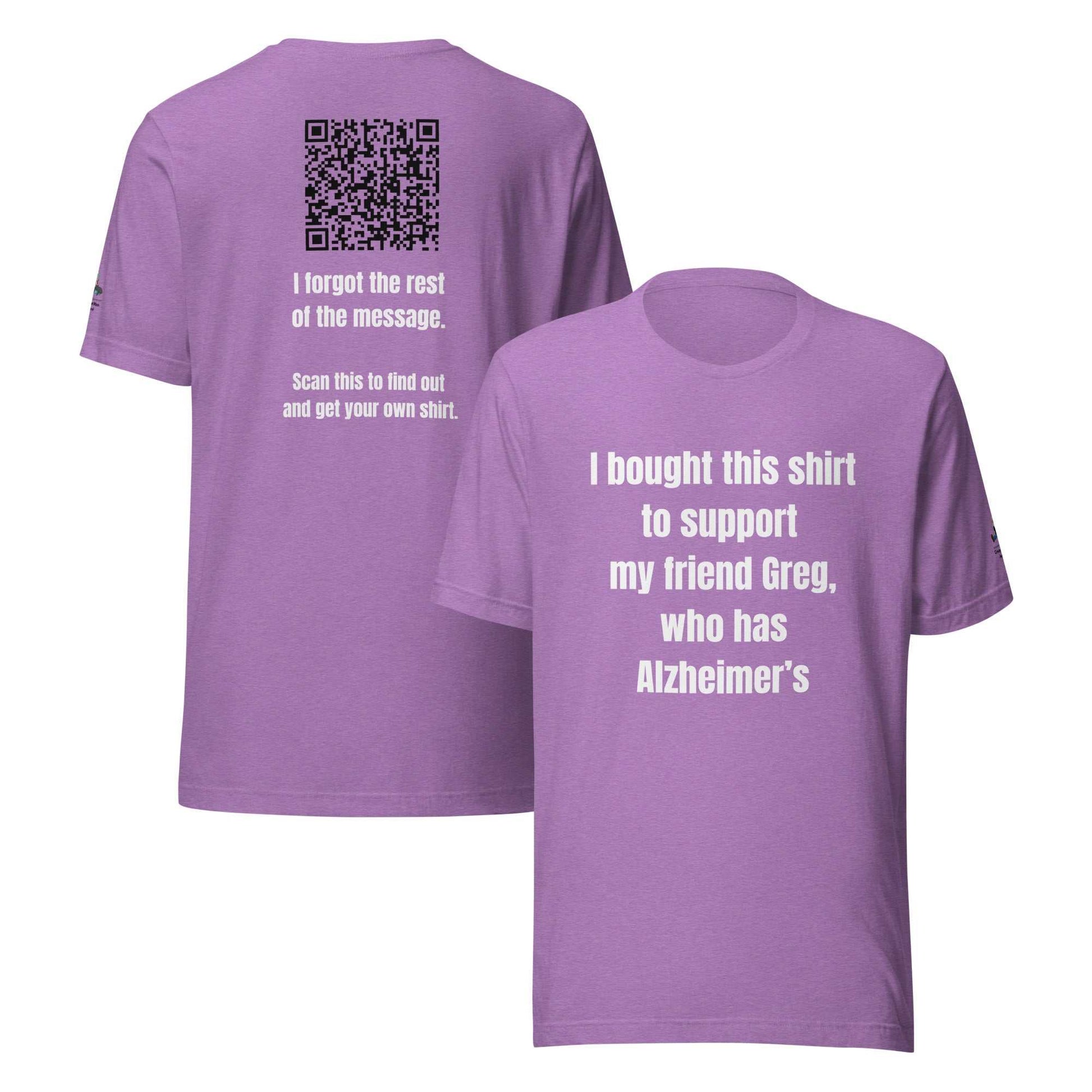 Purple Direct and Distracted Alzheimer's Awareness t-shirt with front and back text and a QR code
