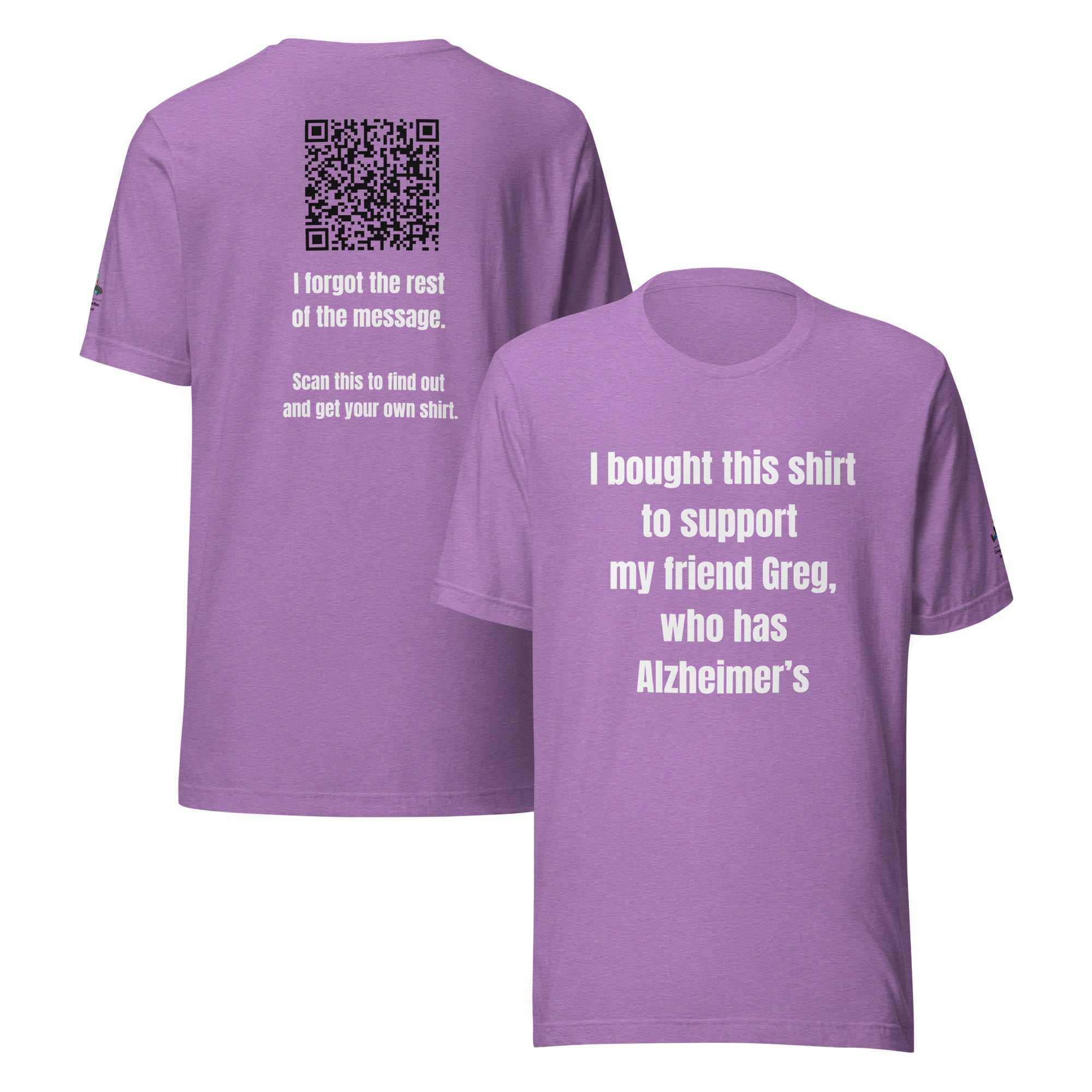 Purple Direct and Distracted Alzheimer's Awareness t-shirt with front and back text and a QR code