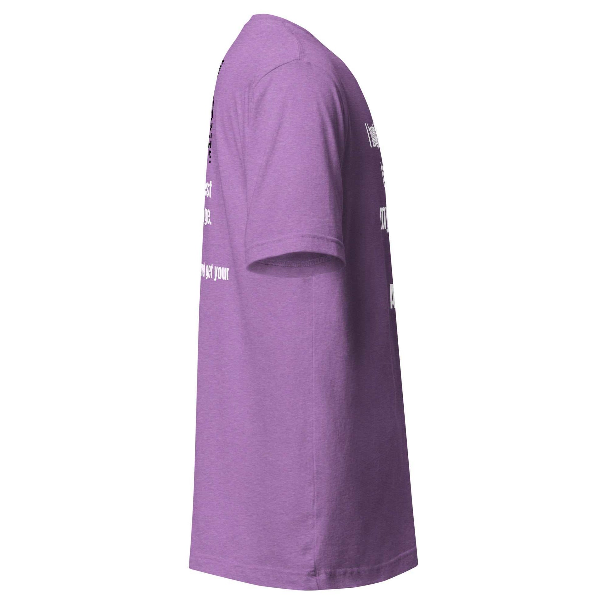 Purple "Direct & Distracted" Greg Support tee for Alzheimer's awareness with bold white print and QR code on back