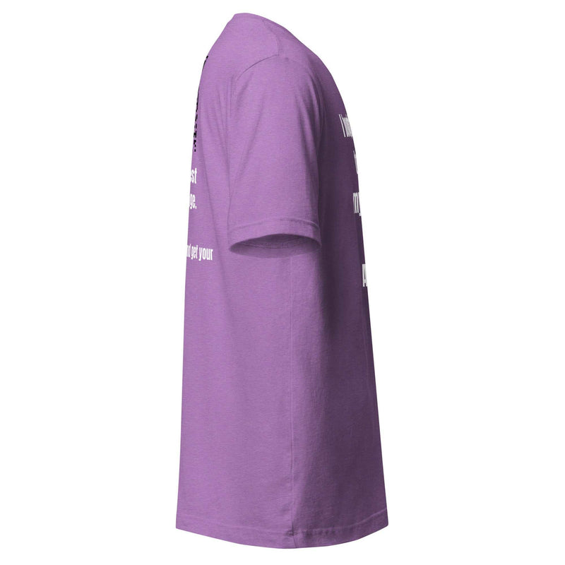 Purple "Direct & Distracted" Greg Support tee for Alzheimer's awareness with bold white print and QR code on back