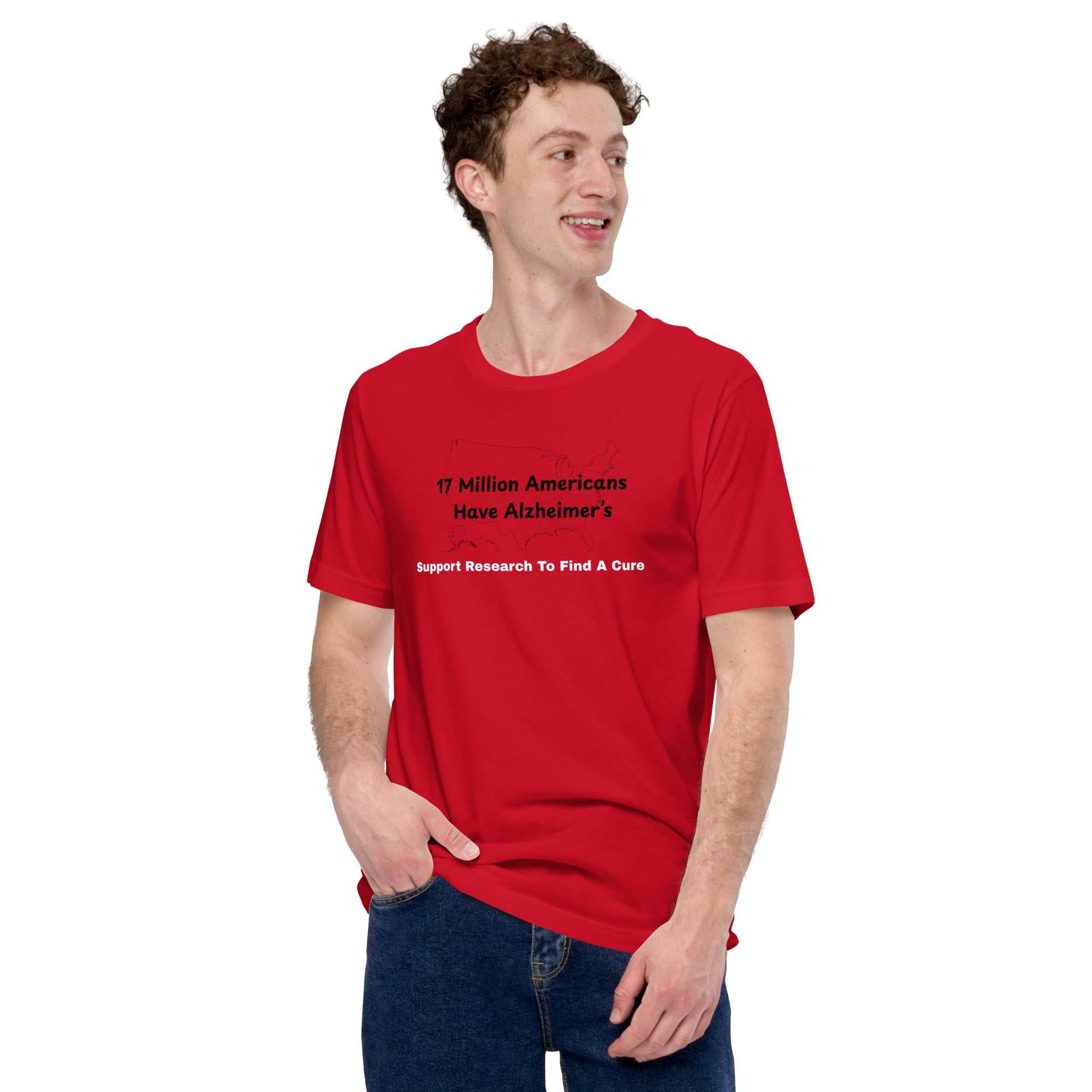 Man wearing red unisex cotton t-shirt with Alzheimer's research support graphic and text