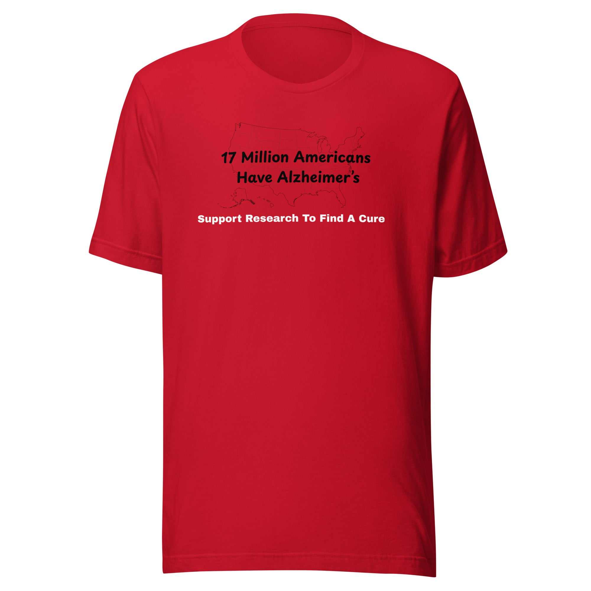 Red unisex cotton t-shirt with Alzheimer research support graphic and US map outline