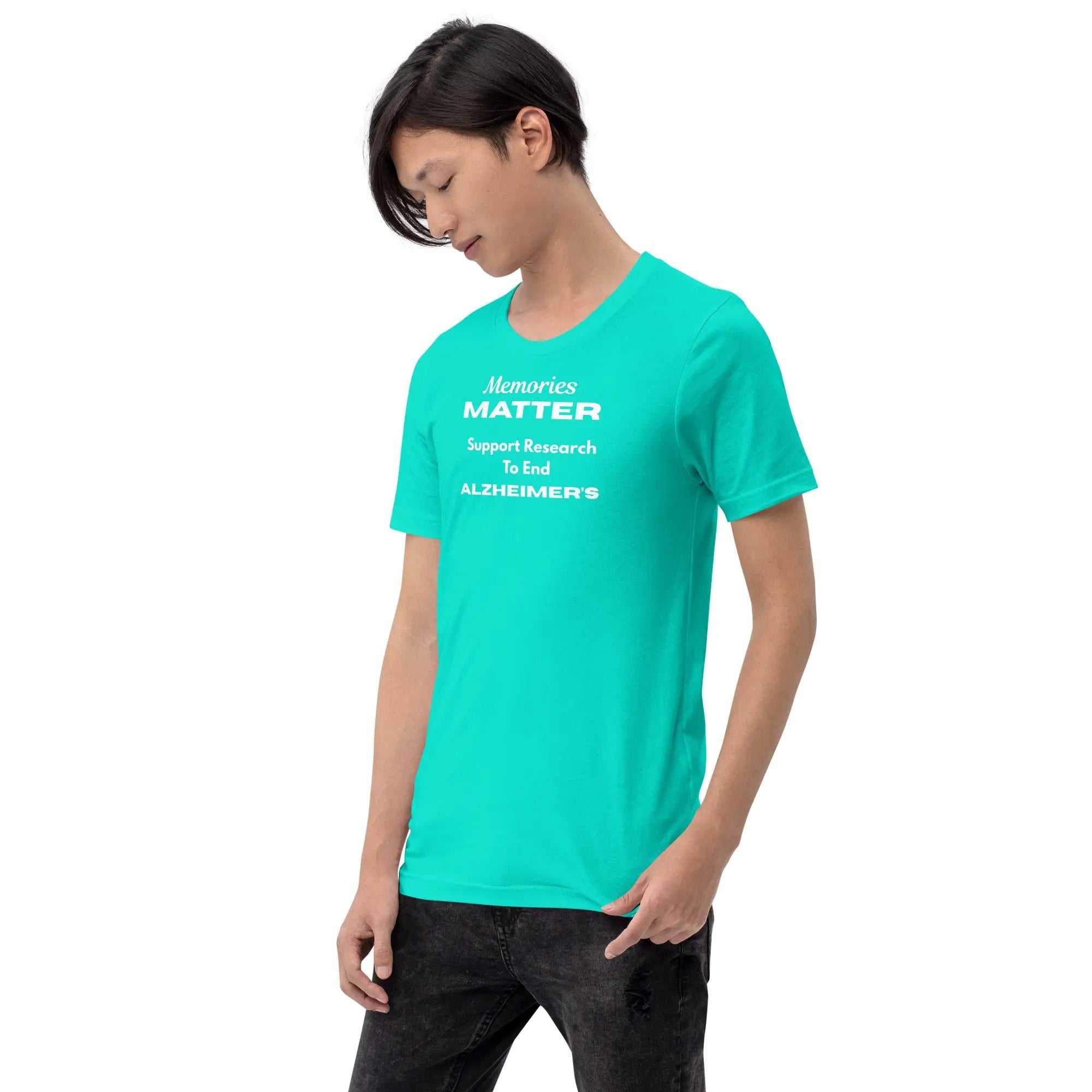 Person wearing teal Memories Matter Alzheimer's Awareness T-Shirt