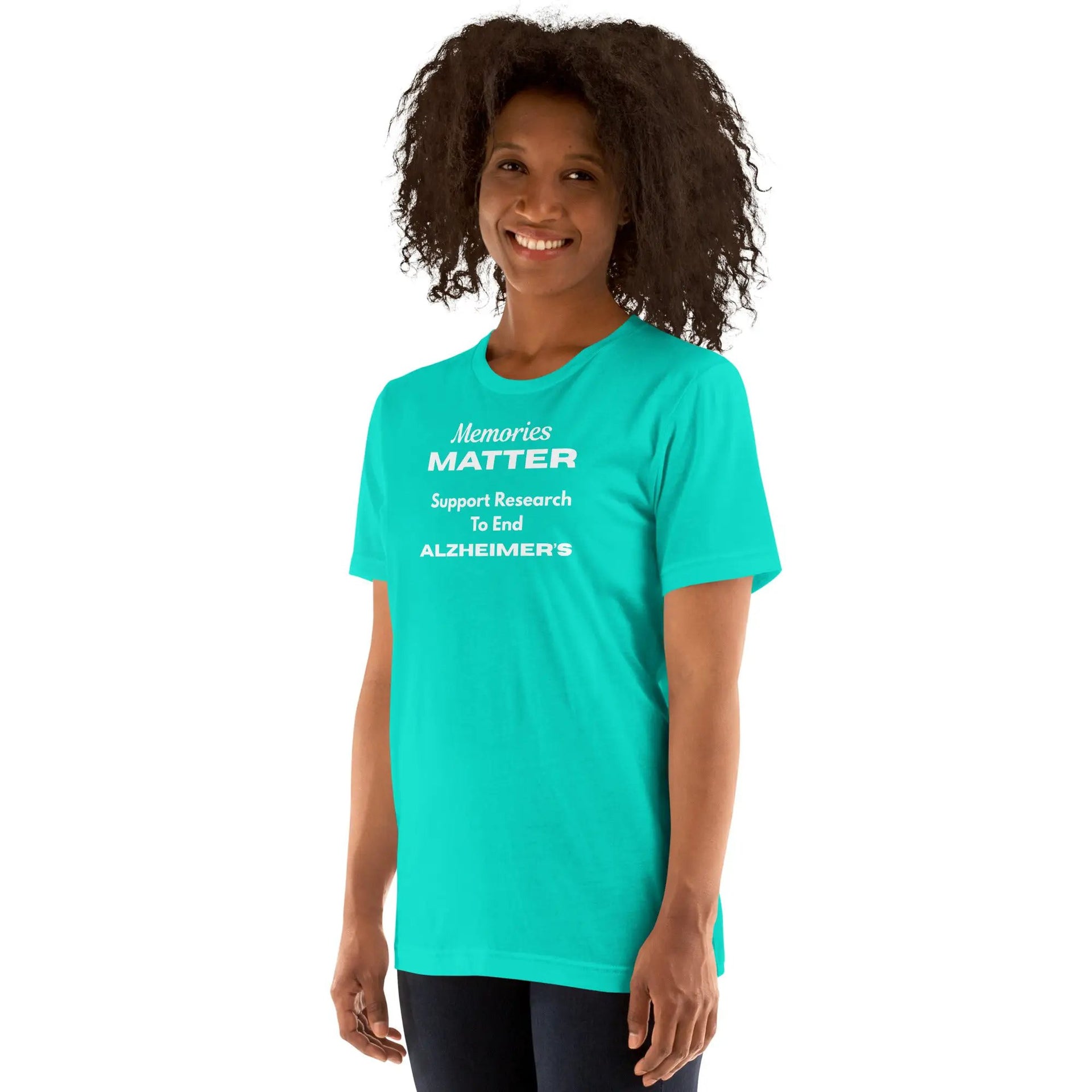 Unisex teal Alzheimer's Awareness T-shirt by Bella + Canvas, featuring "Memories Matter" design and 100% cotton fabric.