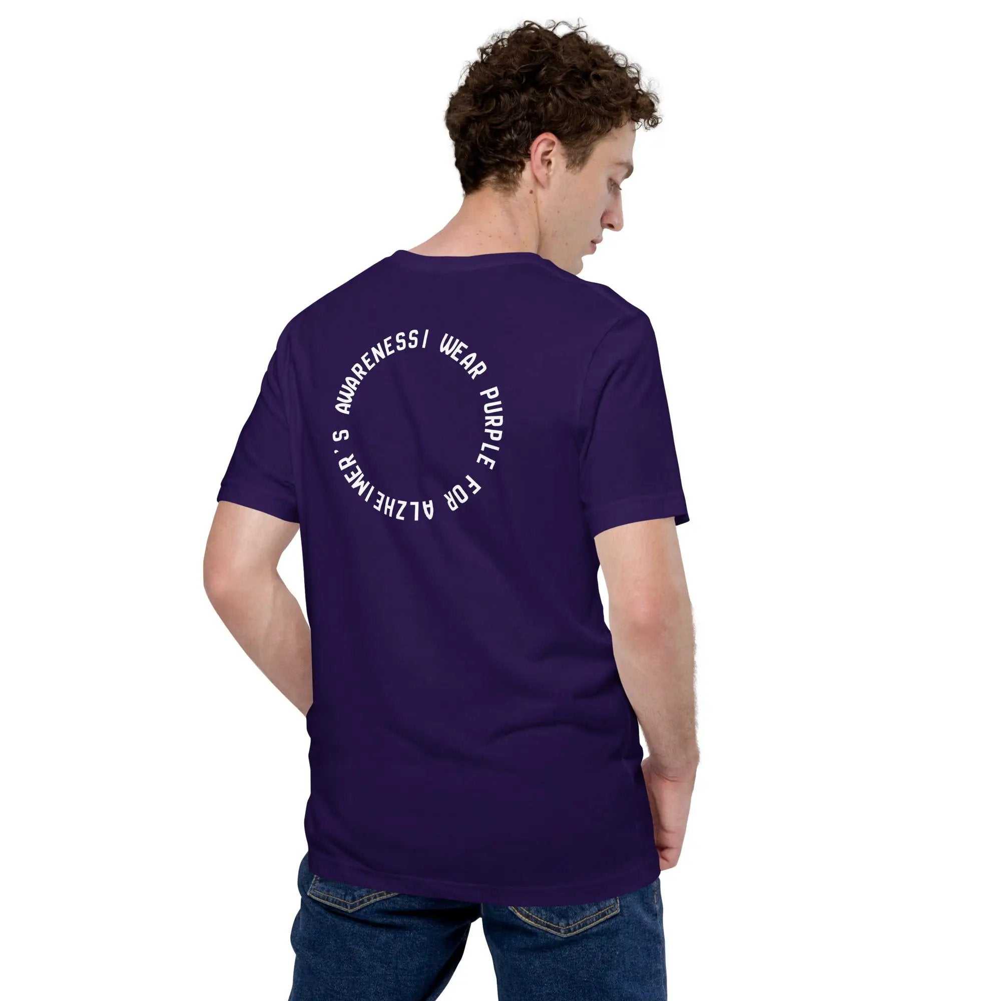 Person wearing purple Alzheimer's awareness t-shirt with circular text on back