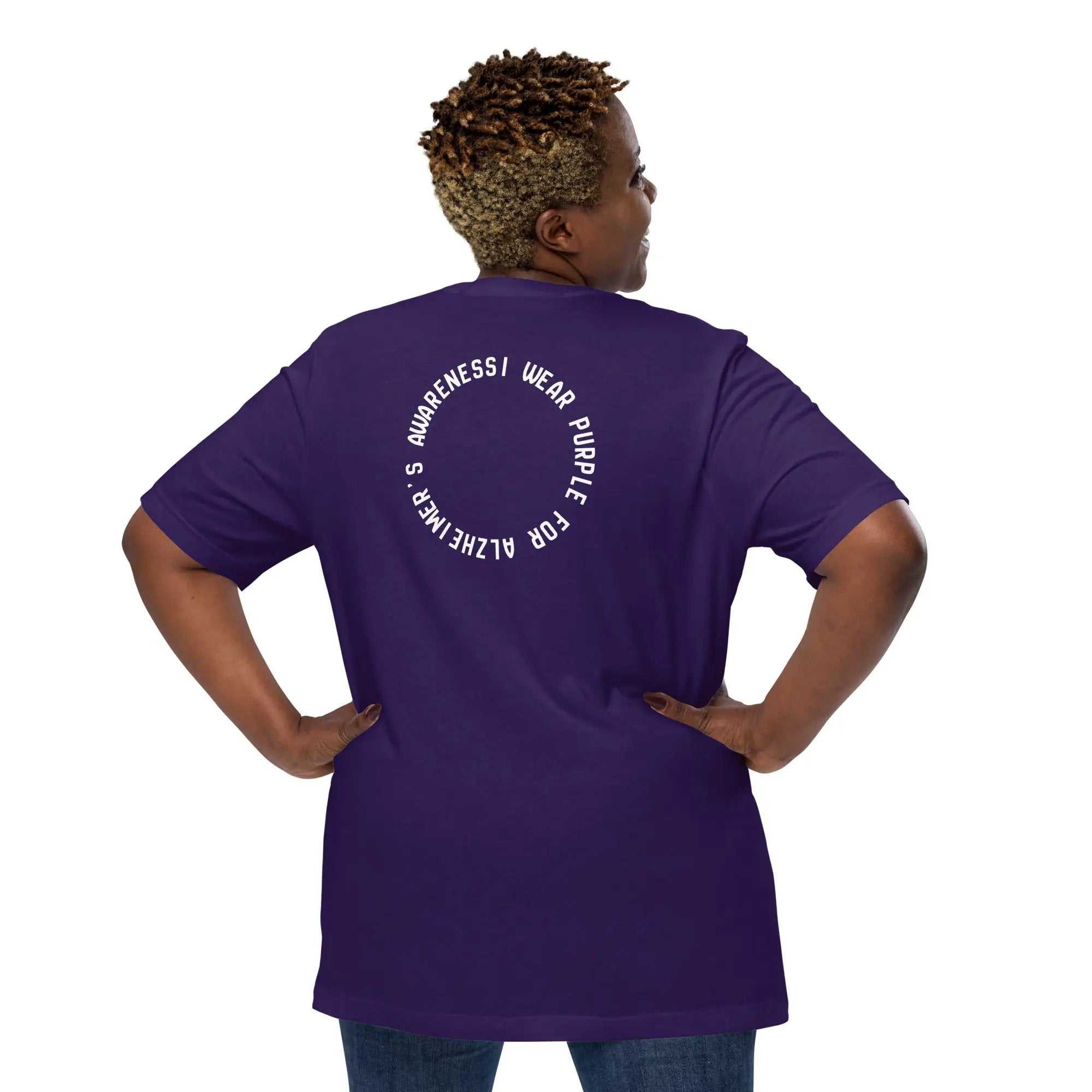 Person wearing a purple unisex Alzheimer's awareness t-shirt with circular text on the back