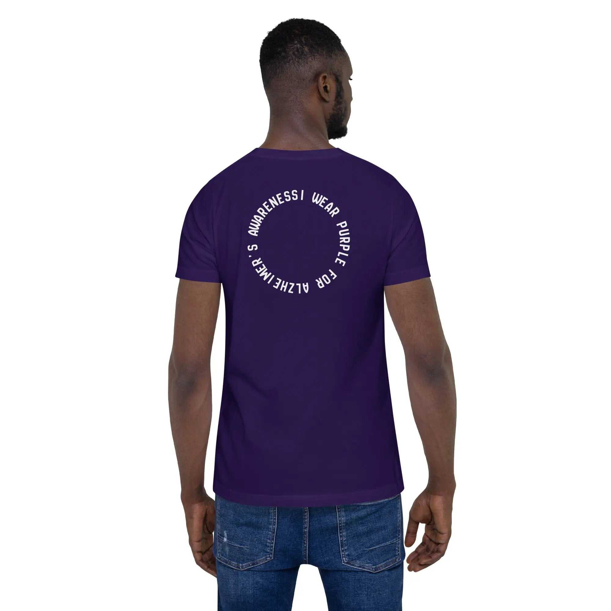 Back view of a person wearing a purple unisex Alzheimer awareness t-shirt with circular white text