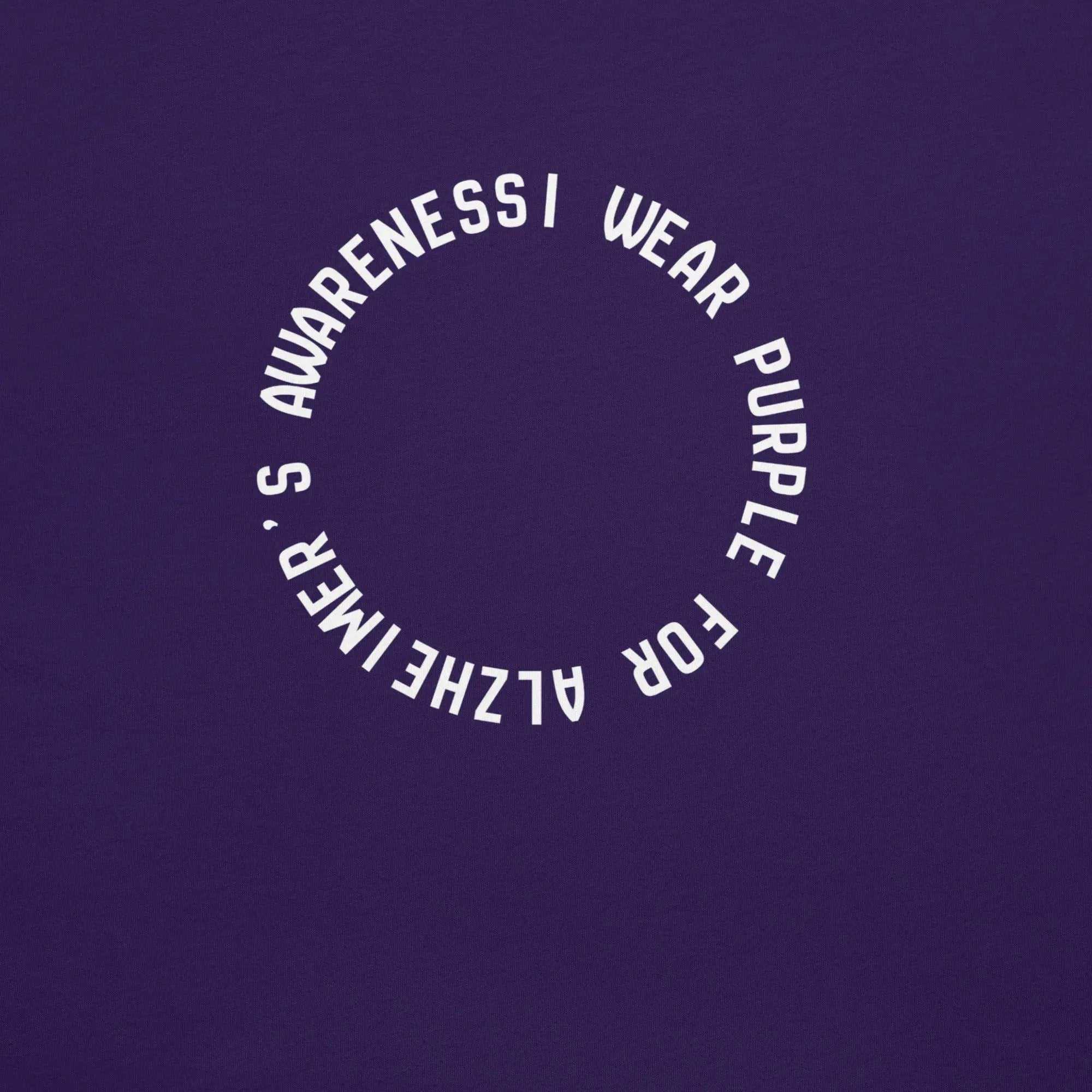 Purple unisex t-shirt with I Wear Purple for Alzheimer's Awareness text supporting Alzheimer's cause