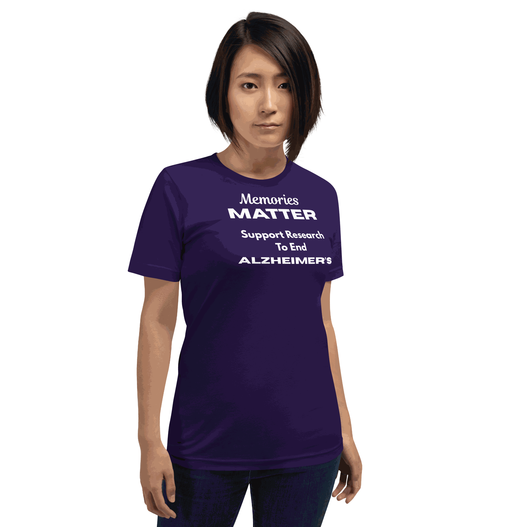 Person wearing a purple Memories Matter Alzheimer's Awareness T-Shirt with white text