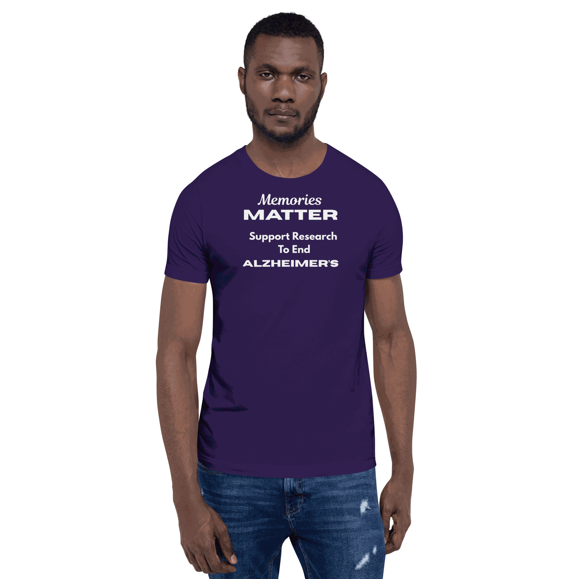 Man wearing purple Memories Matter Alzheimer's Awareness T-Shirt