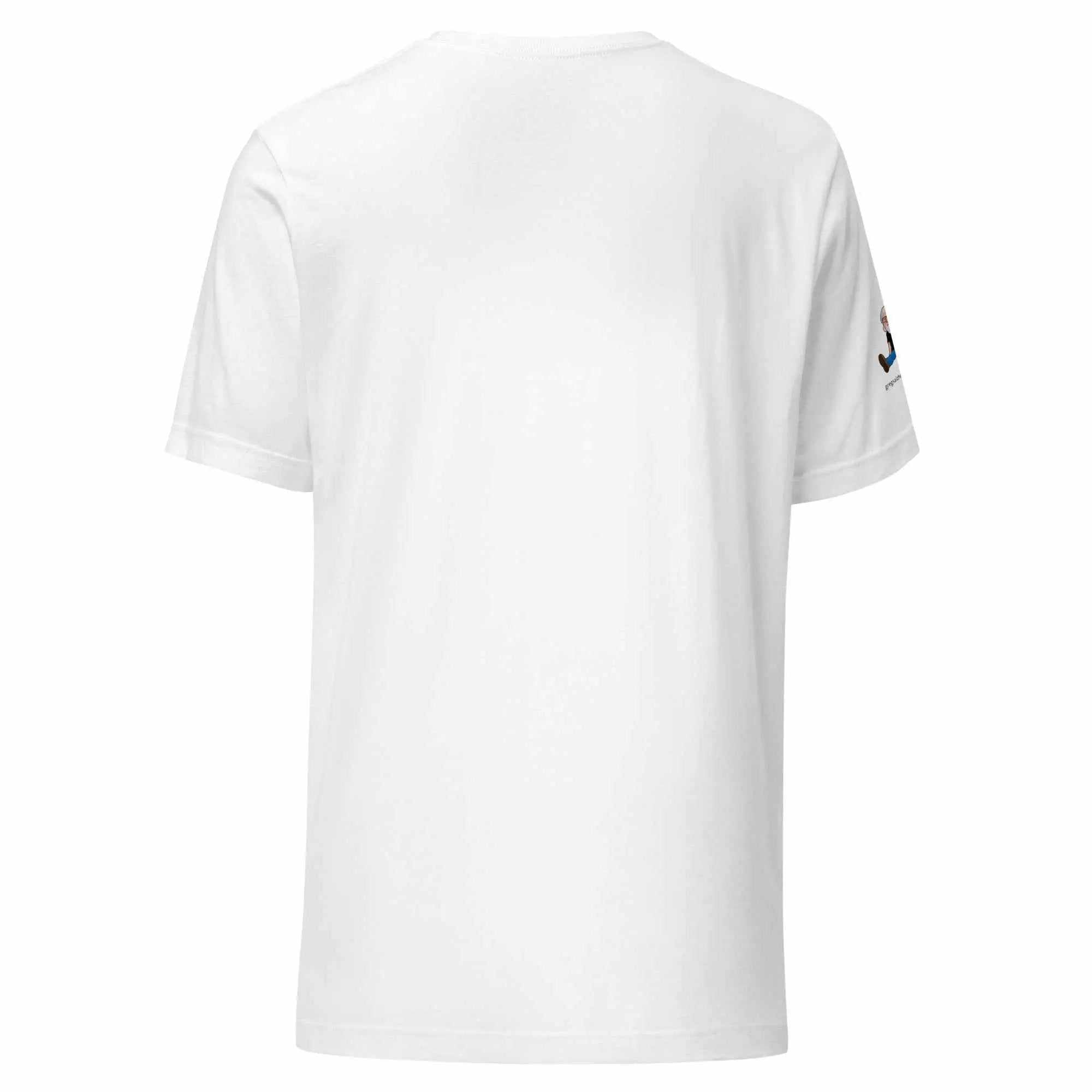 Back view of white Caregiver Alzheimer's Awareness T-Shirt with small graphic on sleeve