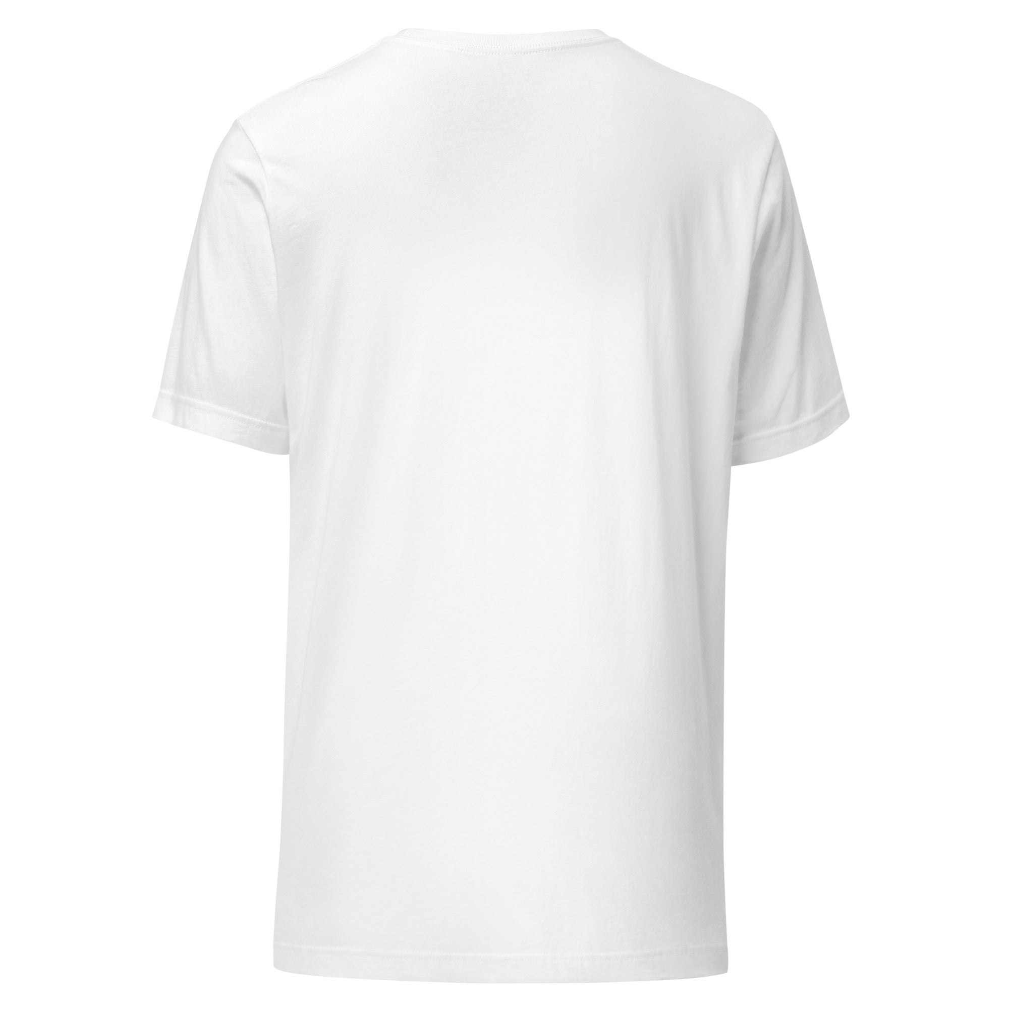 Back view of a plain white unisex cotton t-shirt