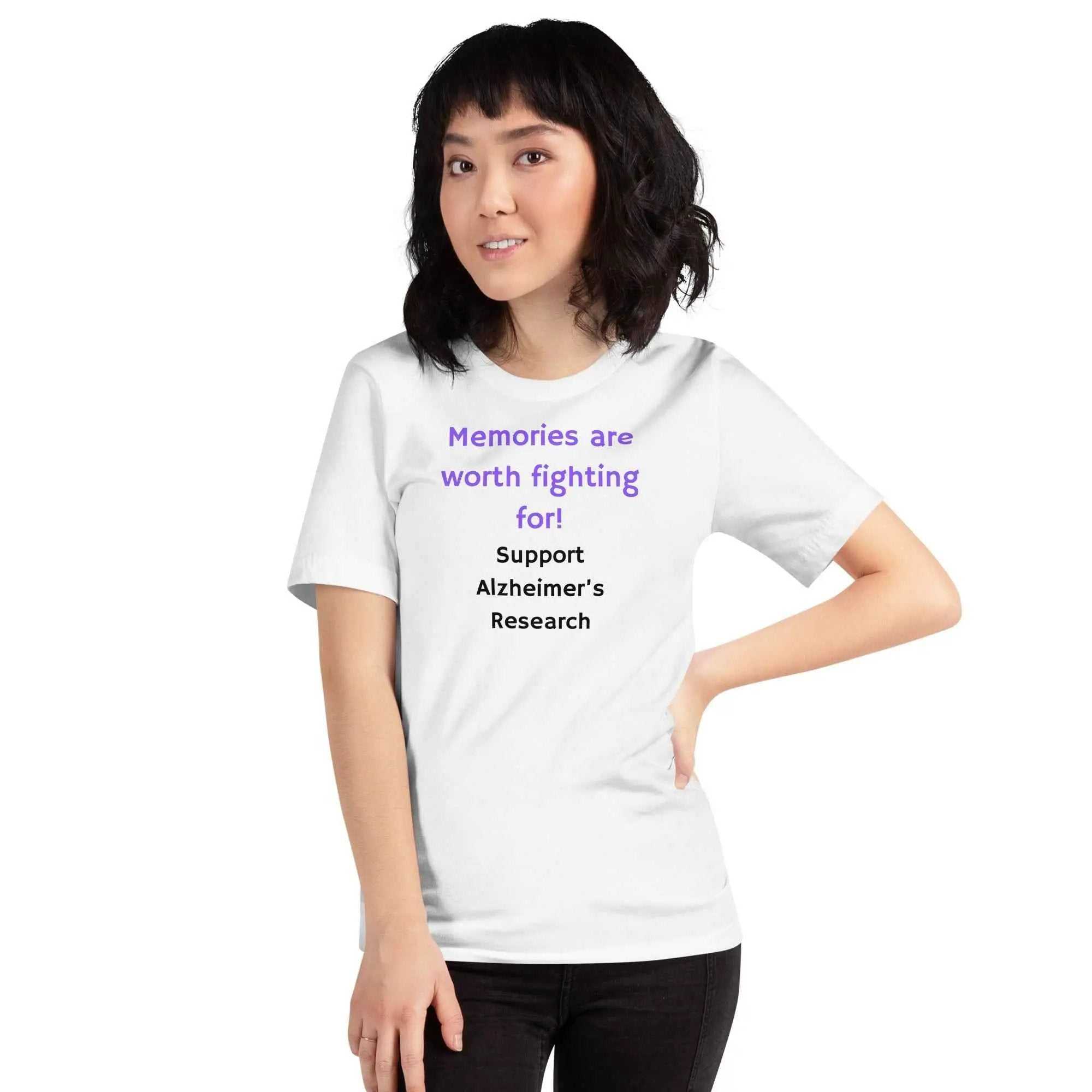 Person wearing white Alzheimer's Awareness T-Shirt with text Memories are worth fighting for Support Alzheimer's Research