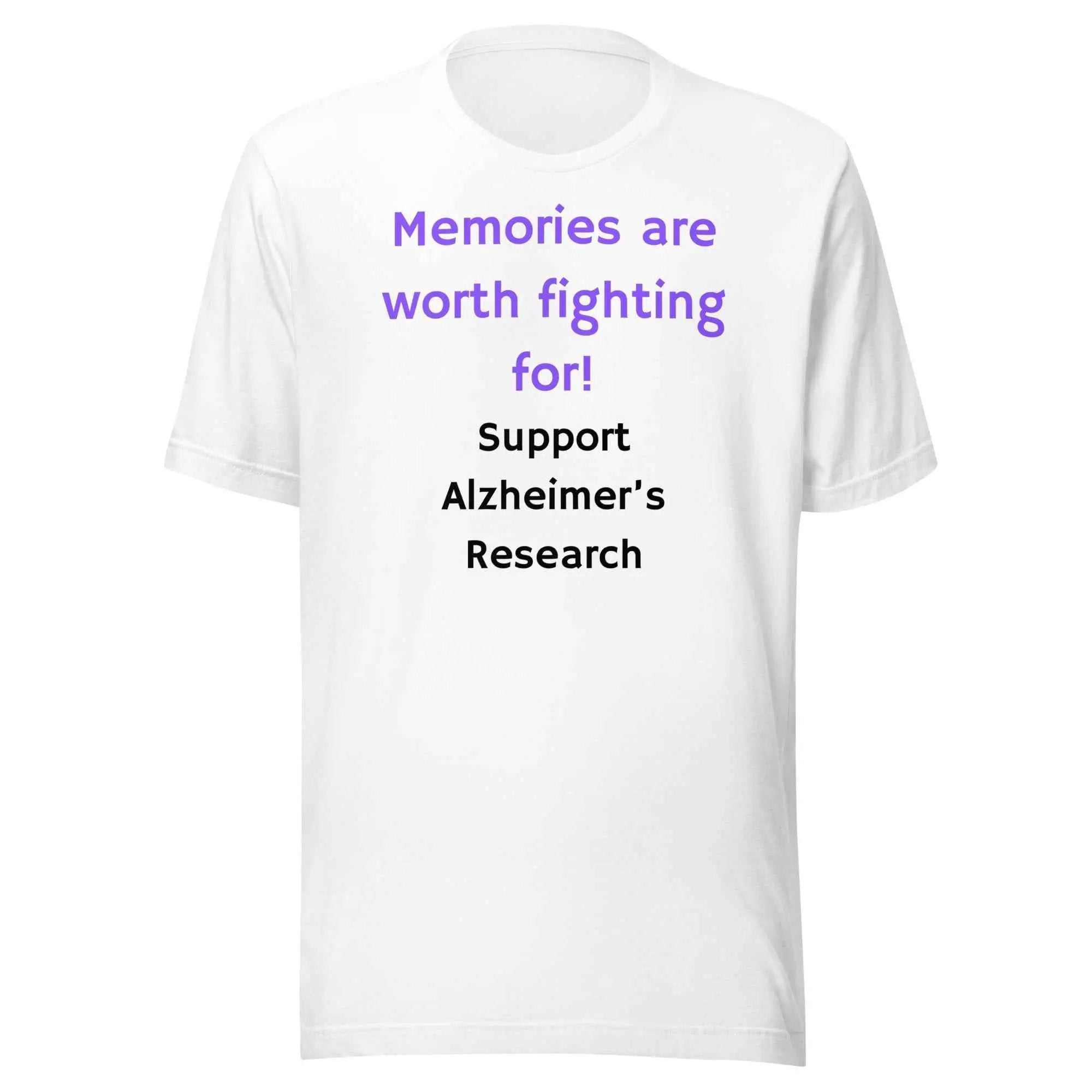 White unisex Alzheimer's awareness t-shirt with purple and black text reading Memories are worth fighting for