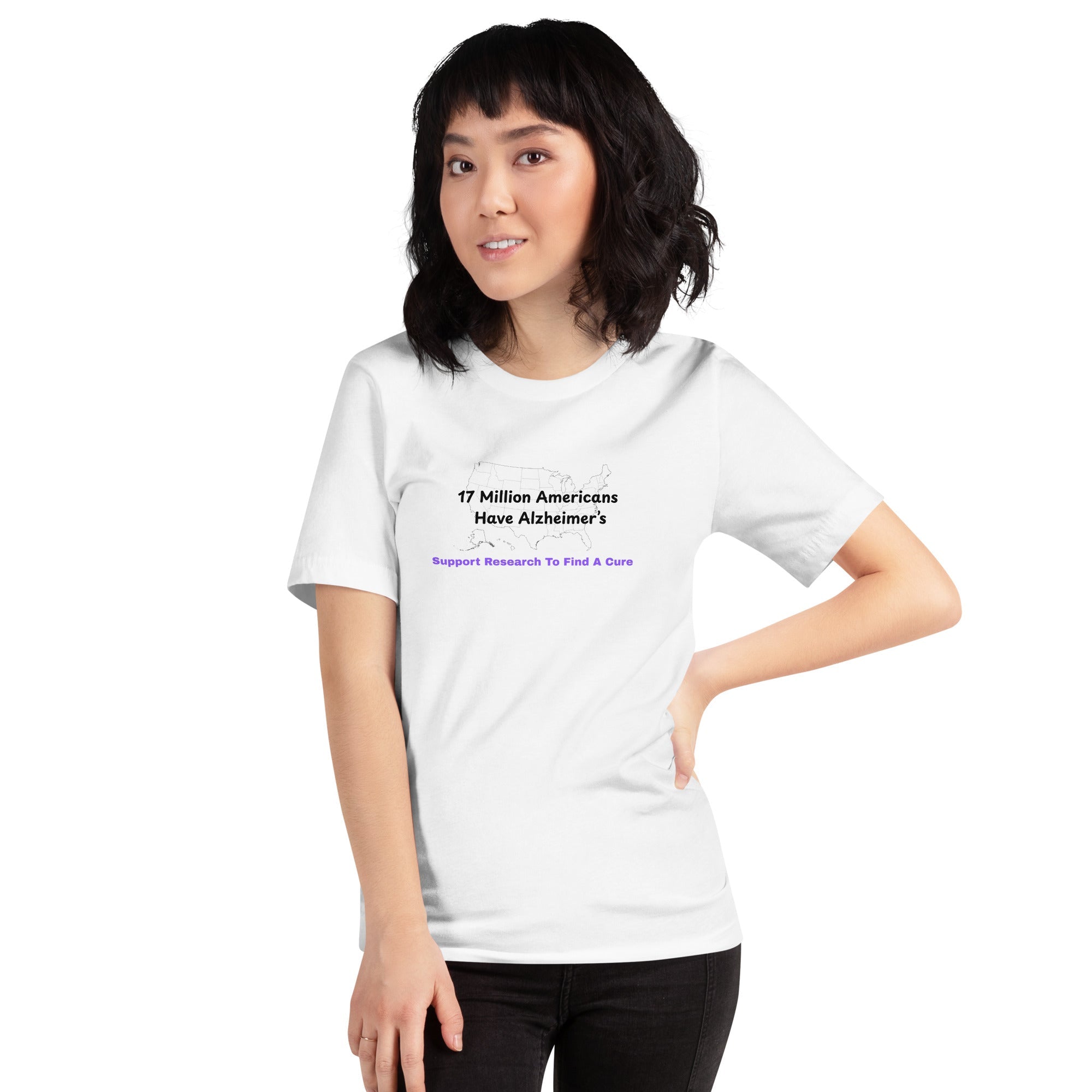 Person wearing a white unisex cotton t-shirt with a map of the USA and text about Alzheimer research