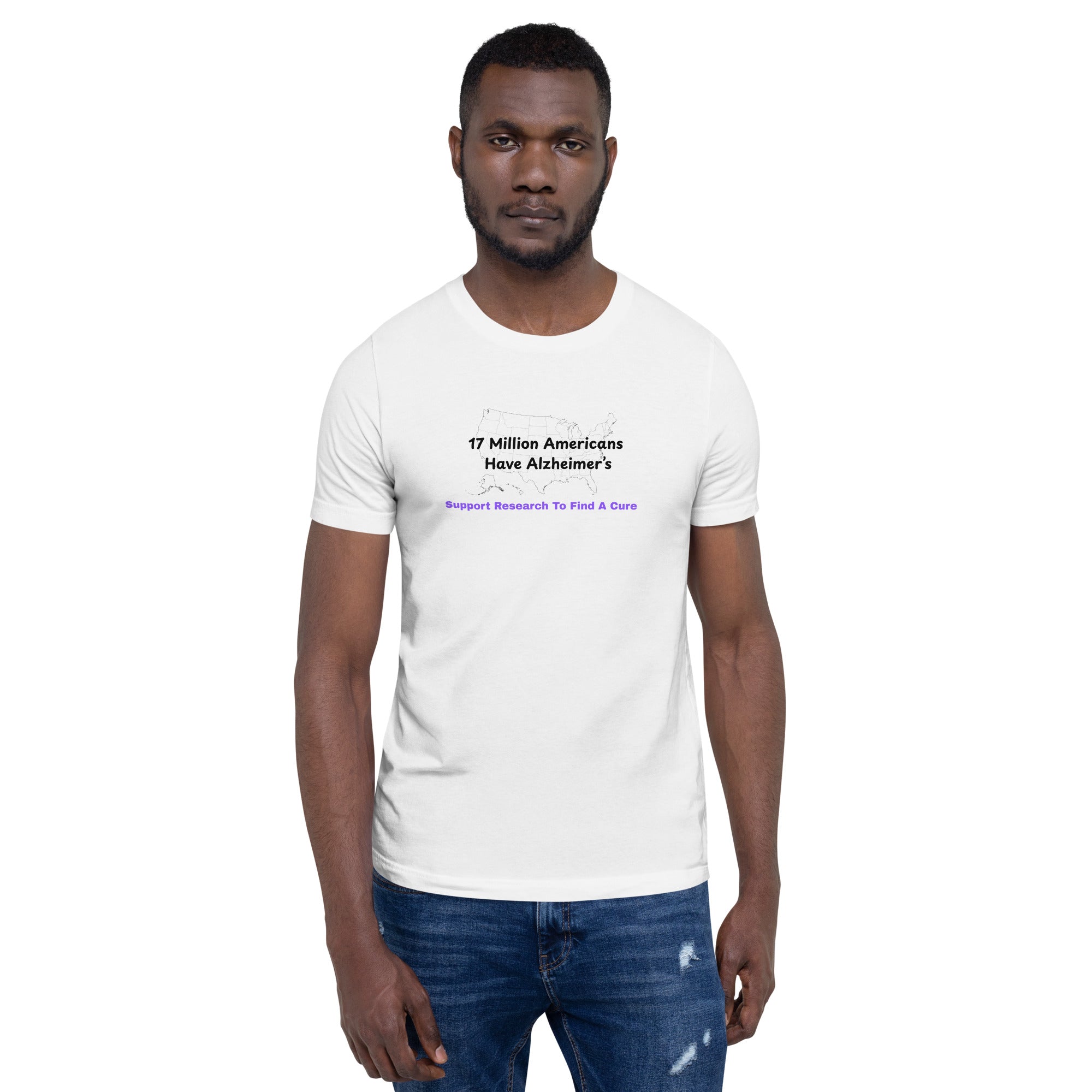 Man wearing a white unisex cotton t-shirt with a map of the USA and text about Alzheimer's research
