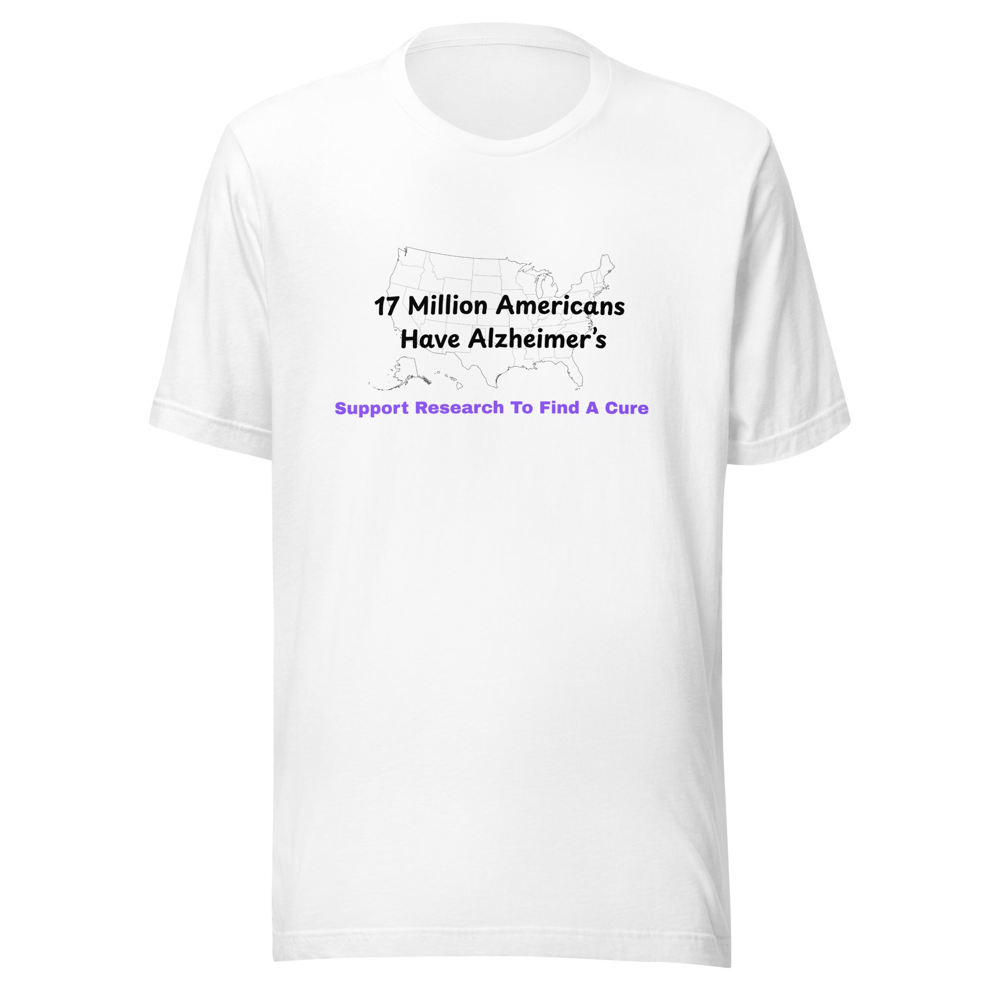 Unisex cotton white t-shirt with a US map graphic and text about Alzheimer's research