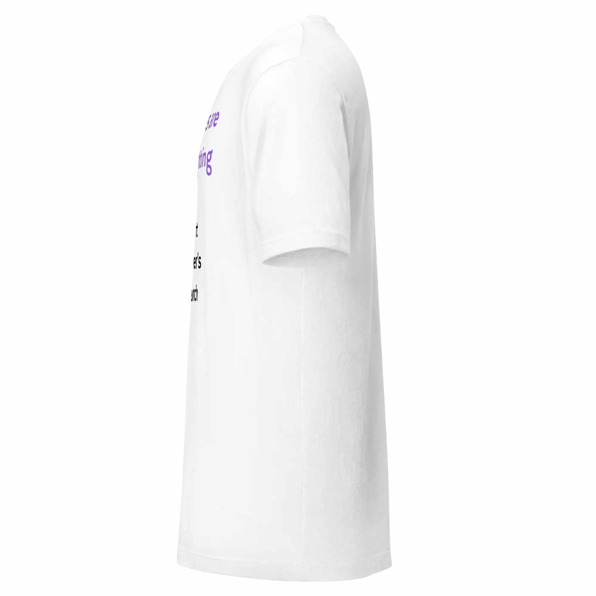 Side view of white Alzheimer's Awareness T-Shirt with purple and black text