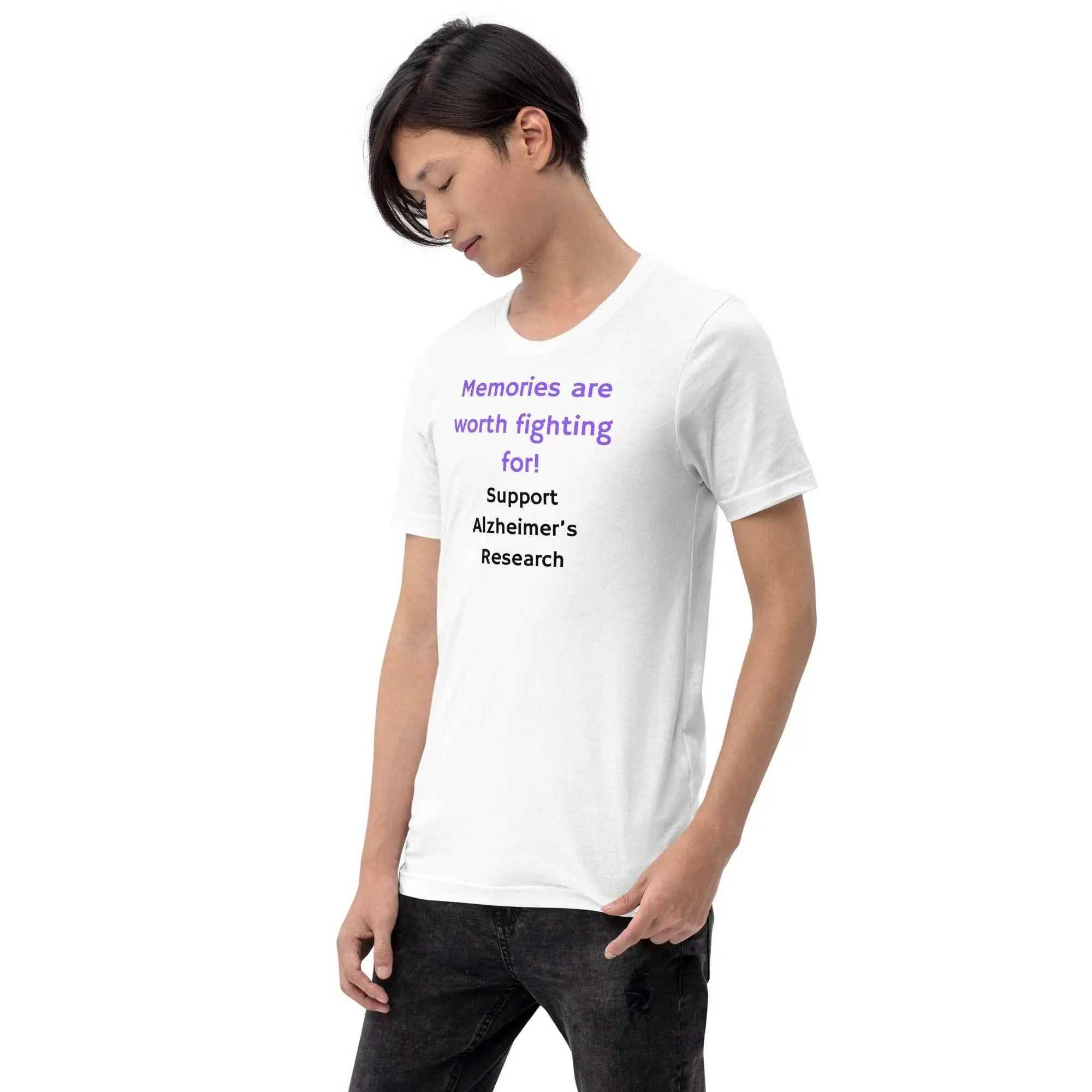 White unisex Alzheimer's Awareness T-shirt by Greg's AZ Store, made of 100% cotton, featuring a front design for support and comfort.