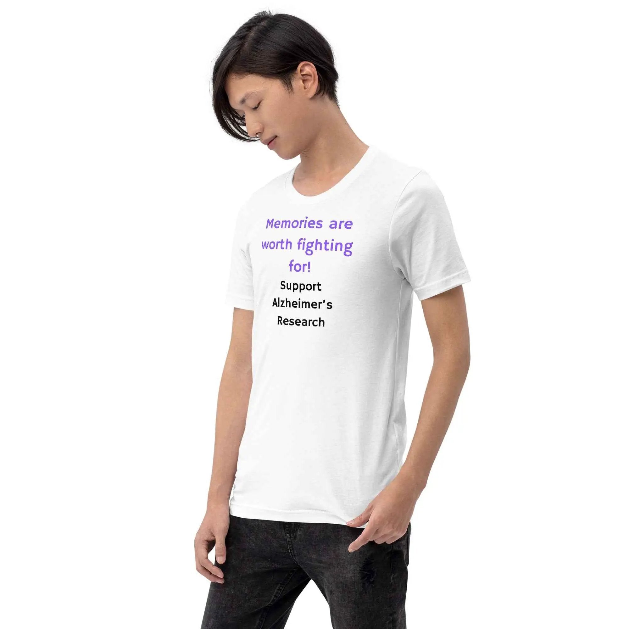 White unisex Alzheimer's Awareness T-shirt by Greg's AZ Store, made of 100% cotton, featuring a front design for support and comfort.