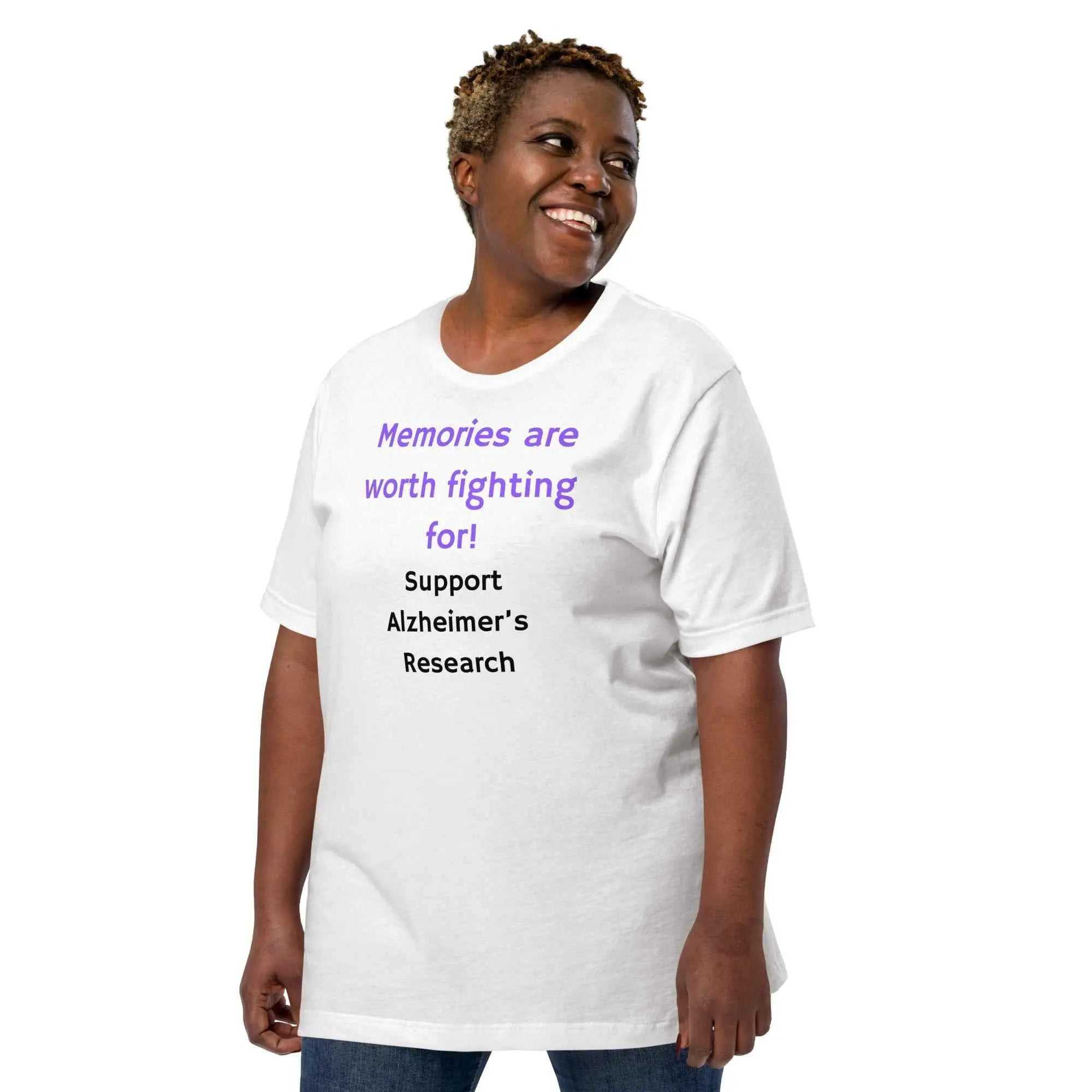 Person wearing white Alzheimer's Awareness T-Shirt with text Memories are worth fighting for Support Alzheimer's Research