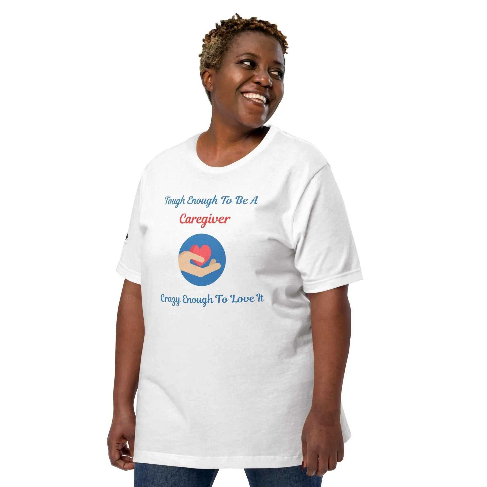 Person wearing a white Caregiver Alzheimer's Awareness T-Shirt with a heart in hand graphic