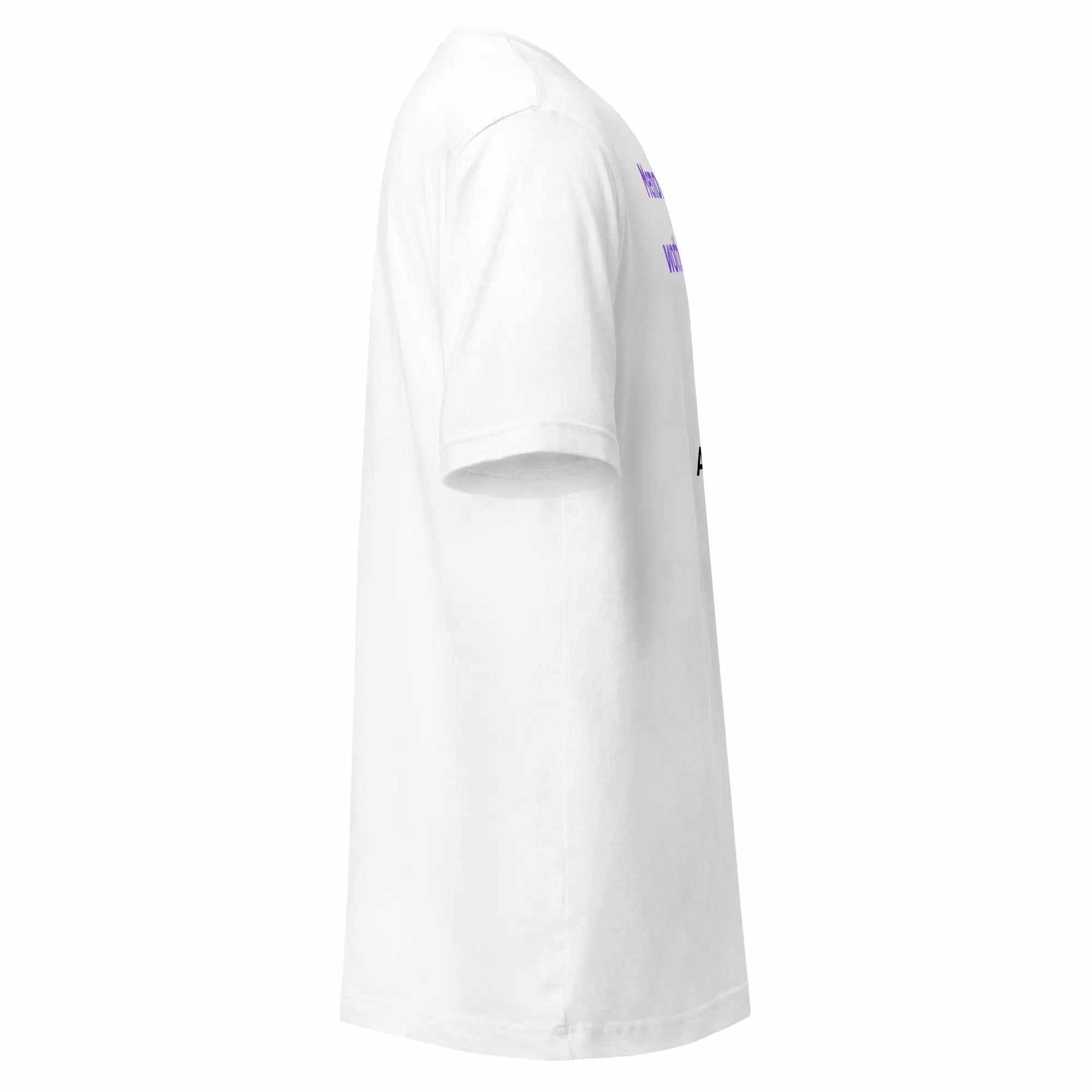 White unisex Alzheimer's Awareness T-shirt by Greg's AZ Store featuring supportive message, made from 100% cotton.