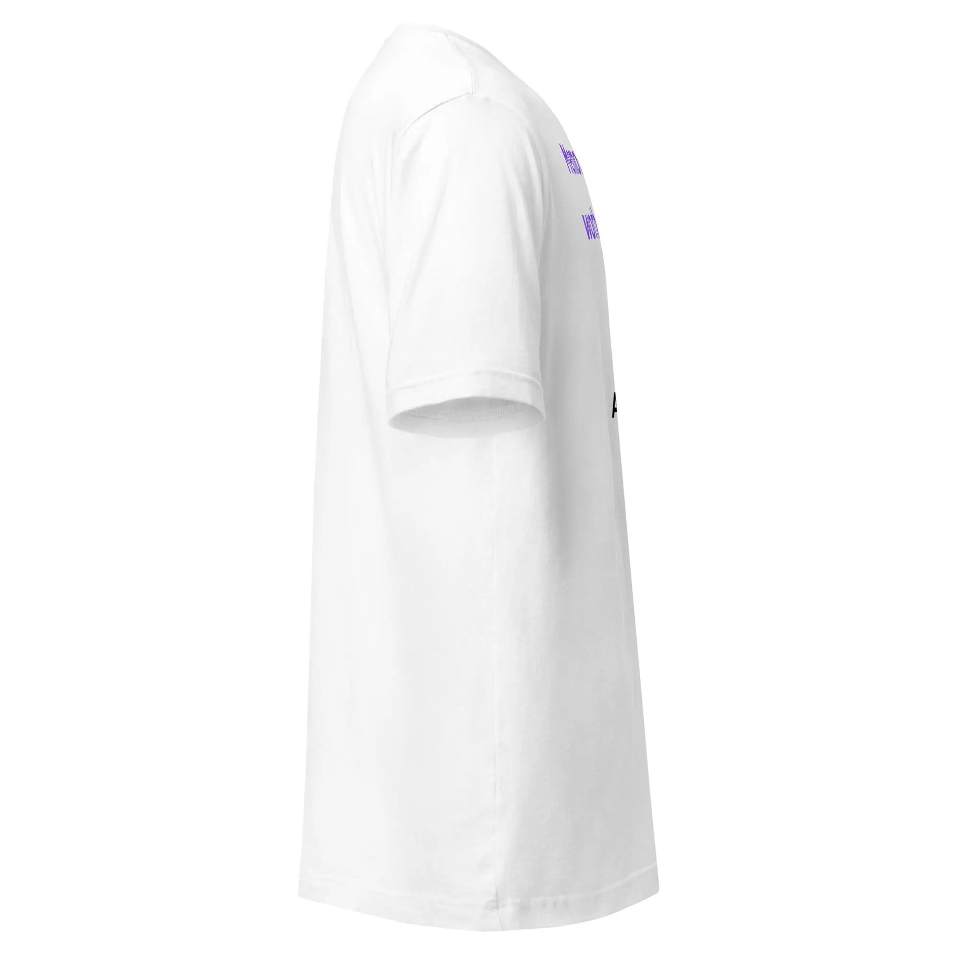 White unisex Alzheimer's Awareness T-shirt by Greg's AZ Store featuring supportive message, made from 100% cotton.