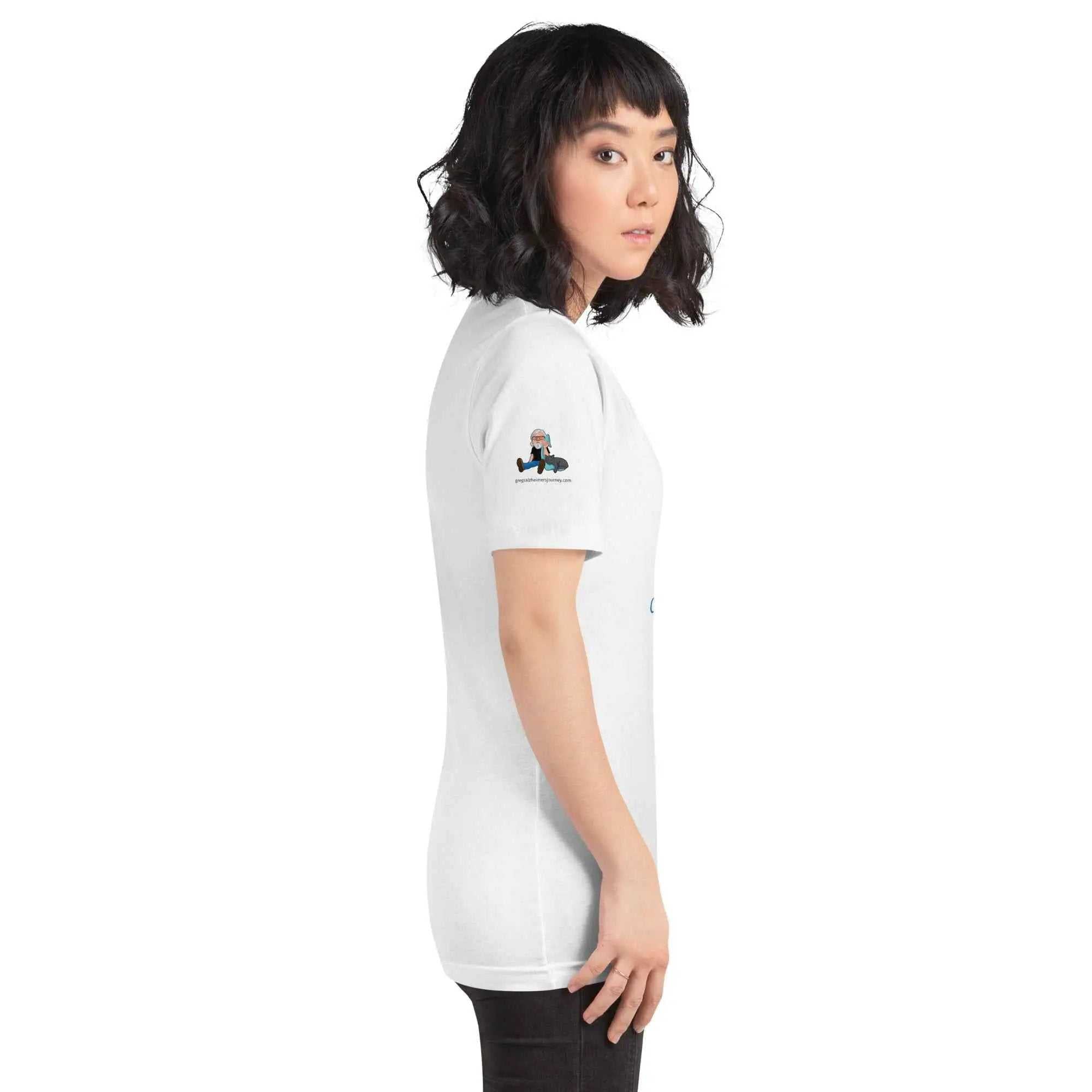 Side profile of woman wearing white Caregiver Alzheimer's Awareness T-Shirt with small graphic on sleeve