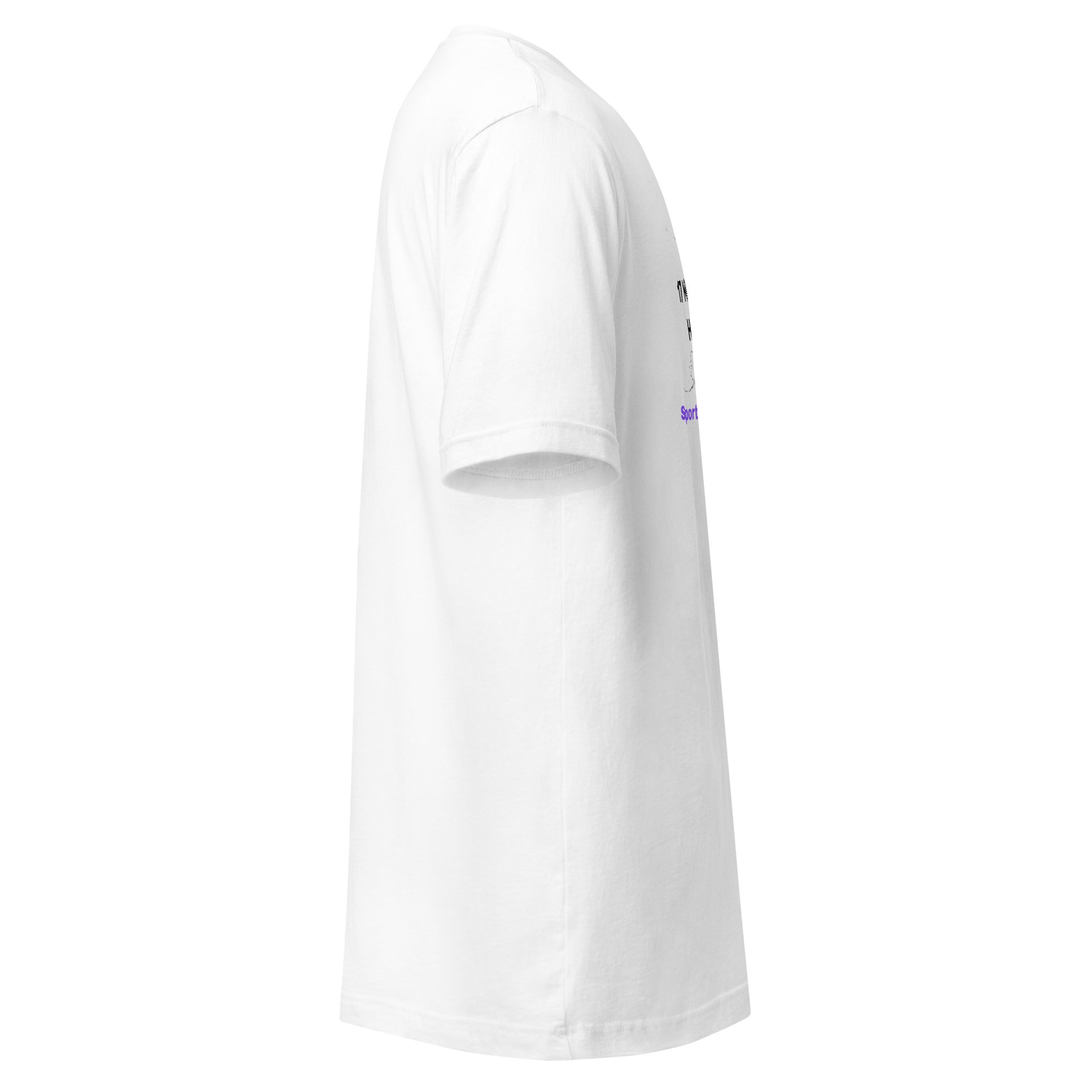 Side view of a white unisex cotton t-shirt with Alzheimer's research graphic