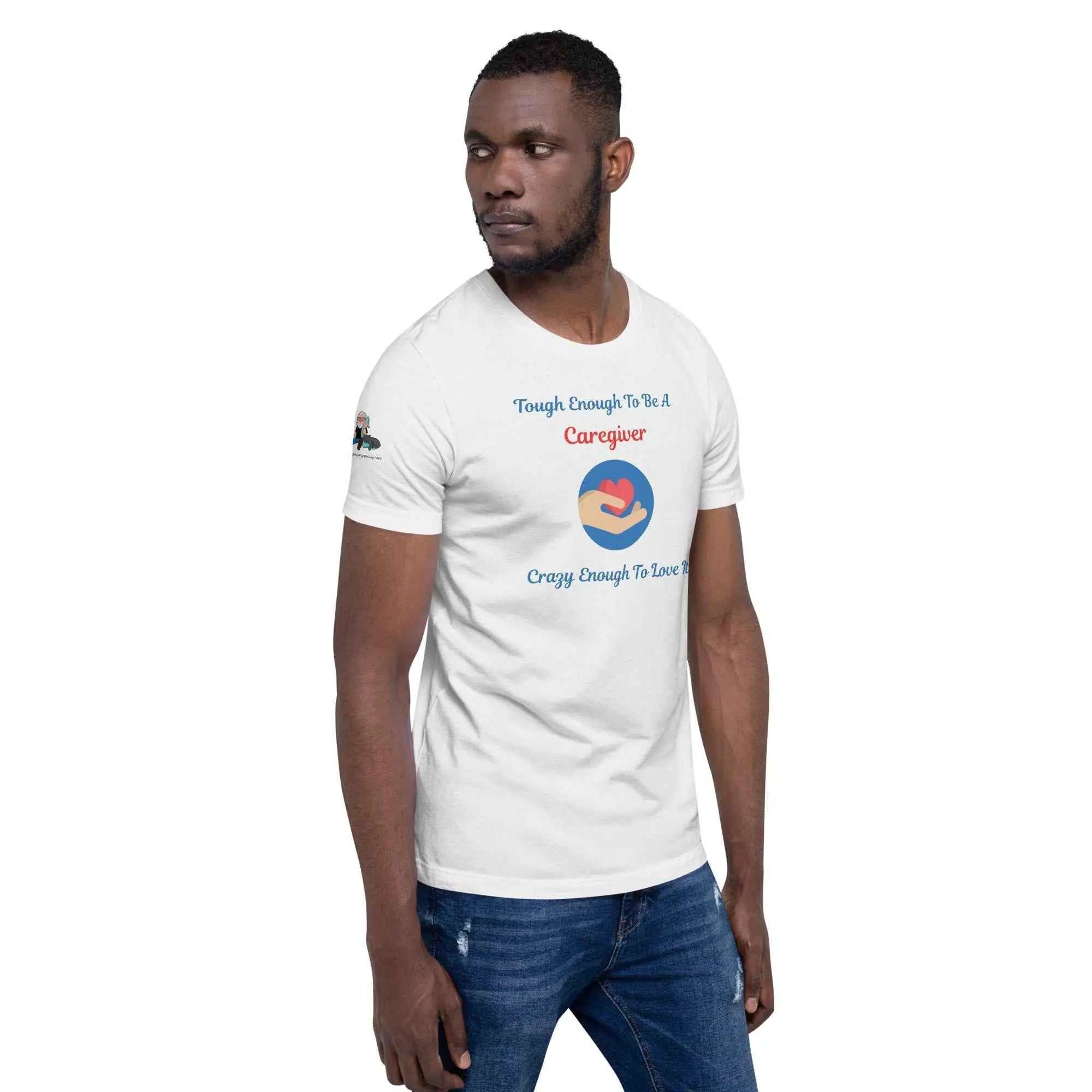 White unisex Alzheimer's awareness T-shirt from Greg's AZ Store with supportive message, displayed from the right front view.