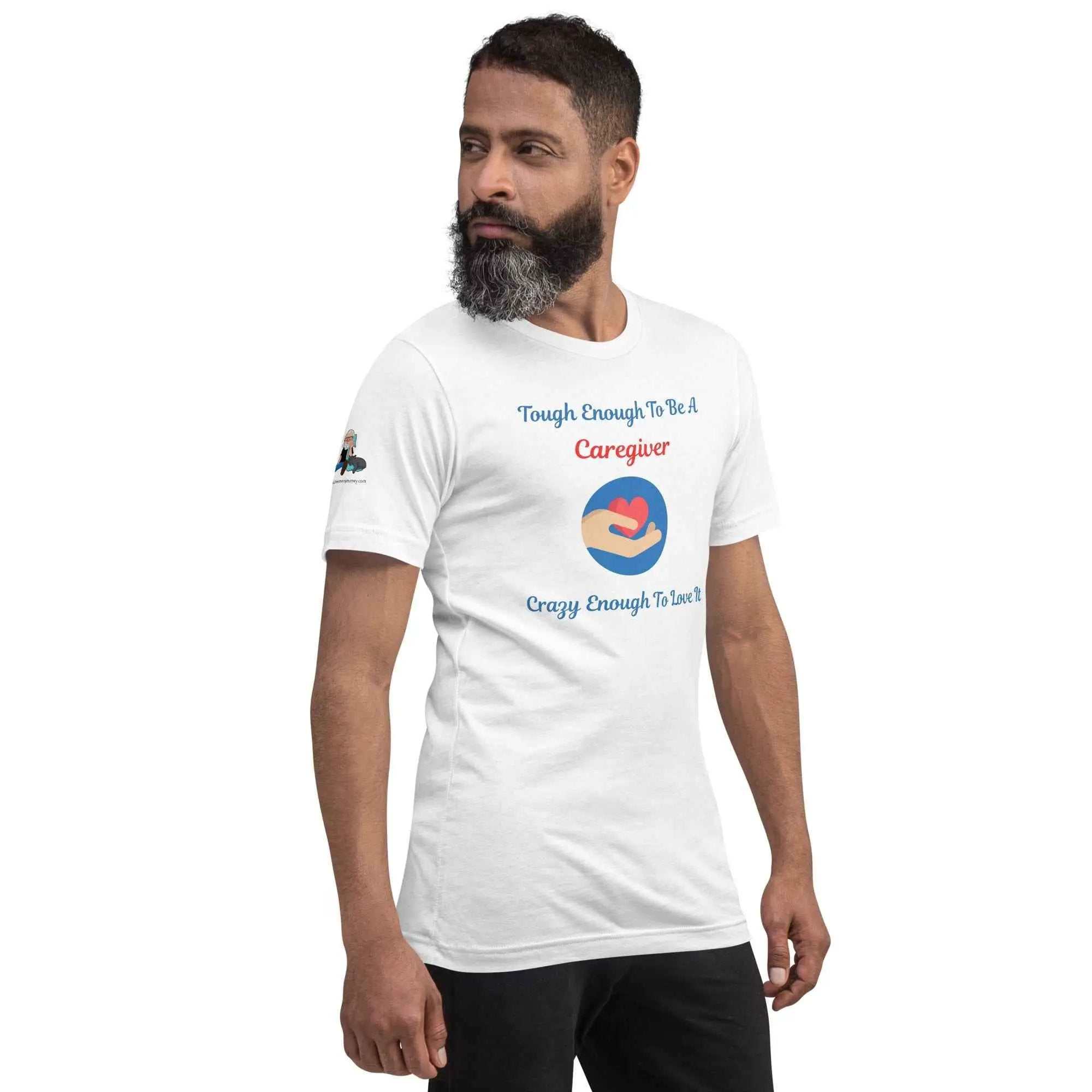 Man wearing white Caregiver Alzheimer's Awareness T-Shirt with heart and hand graphic