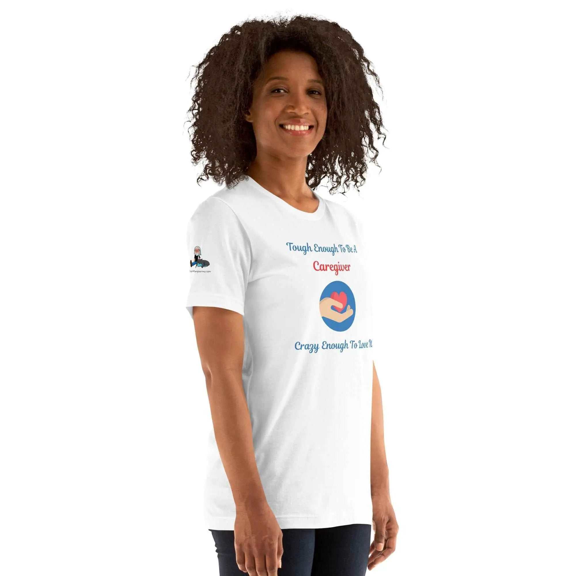 Woman wearing white Caregiver Alzheimer's Awareness T-Shirt with text and heart graphic