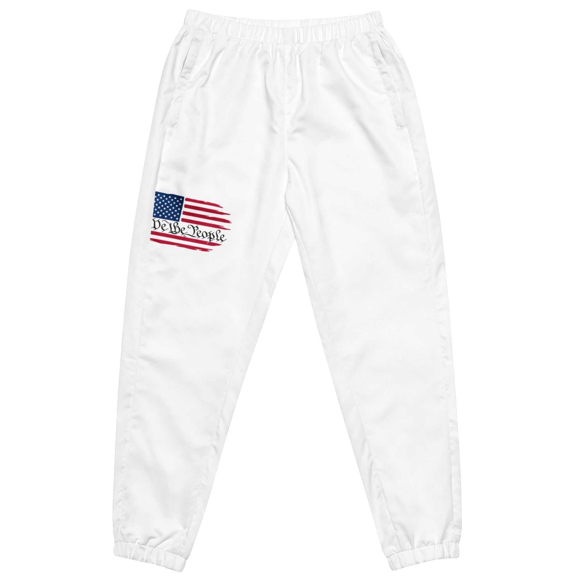 Unisex track pants with American flag "We The People" design, lightweight and water-resistant with elastic cuffs