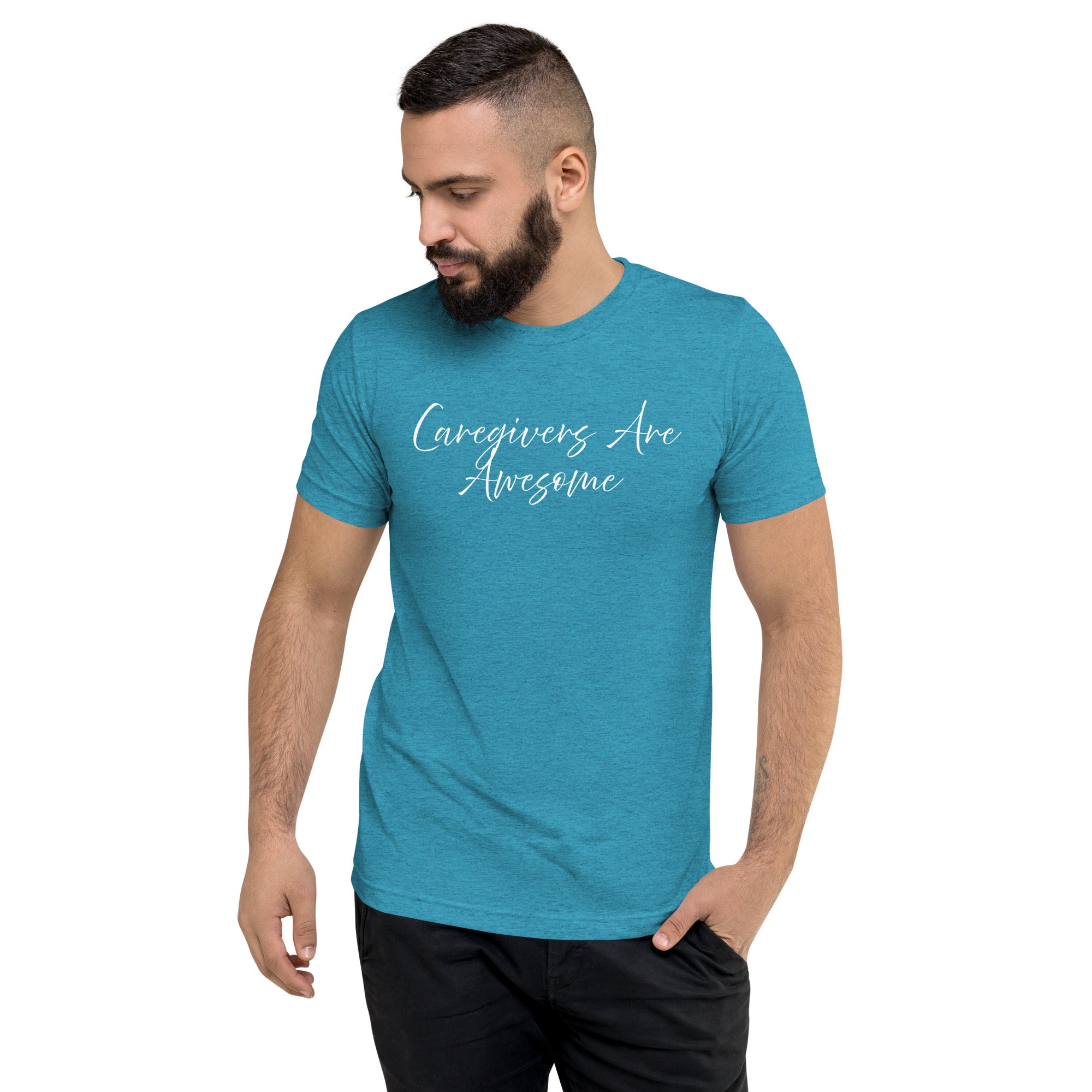 Caregiver Pride Unisex Fitted T-Shirt | Blue with White Graphics