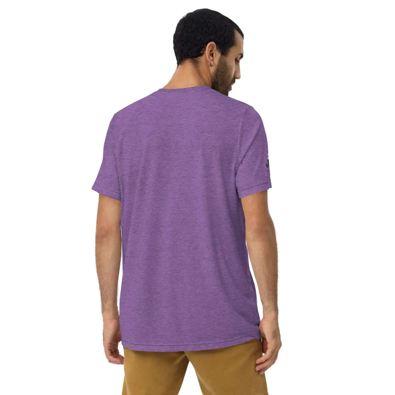 Purple unisex tri-blend T-shirt from Greg's AZ Store with Alzheimer's Awareness message and back print design.
