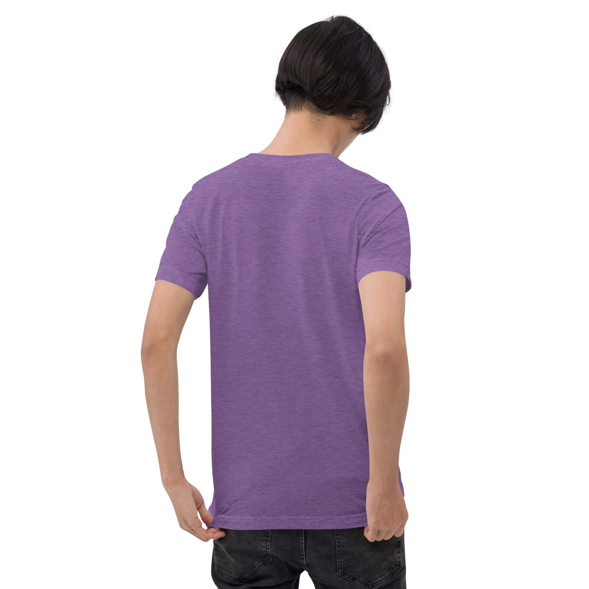 Back view of a person wearing a purple short sleeve t-shirt for Alzheimer's awareness