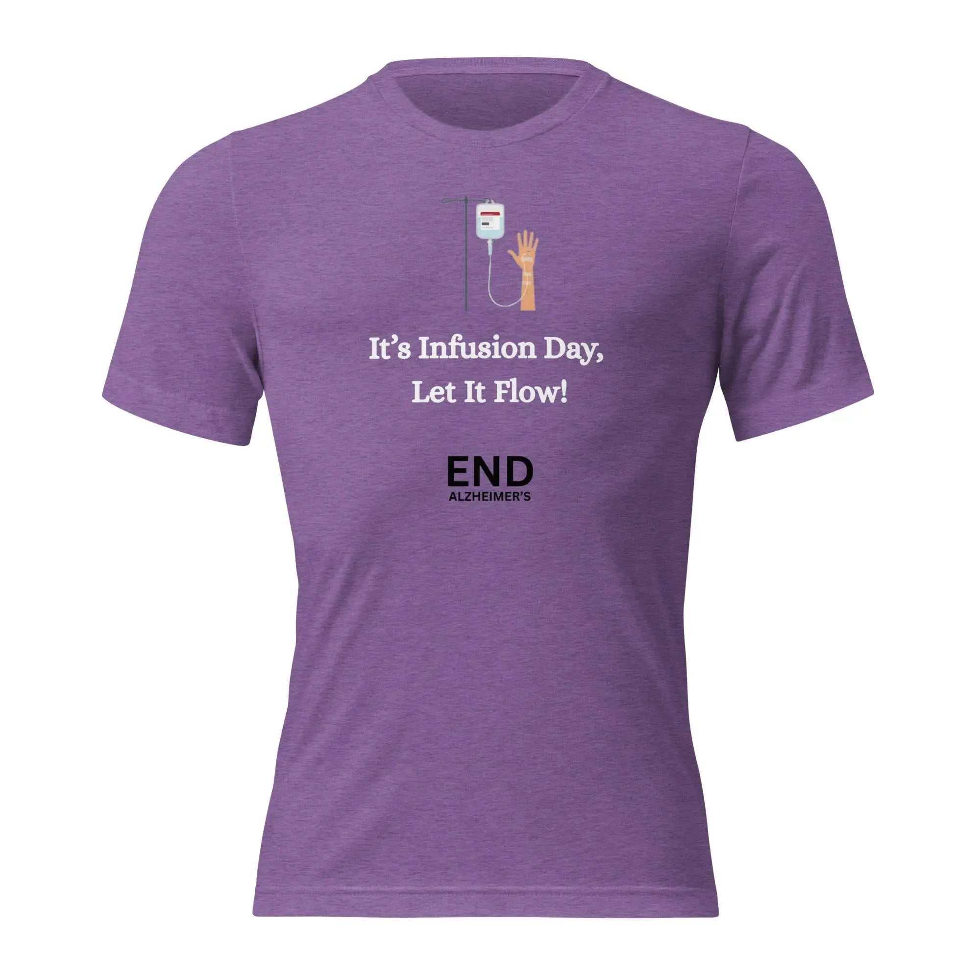 Purple unisex short sleeve Its Infusion Day Alzheimers Awareness t-shirt with IV drip graphic and text