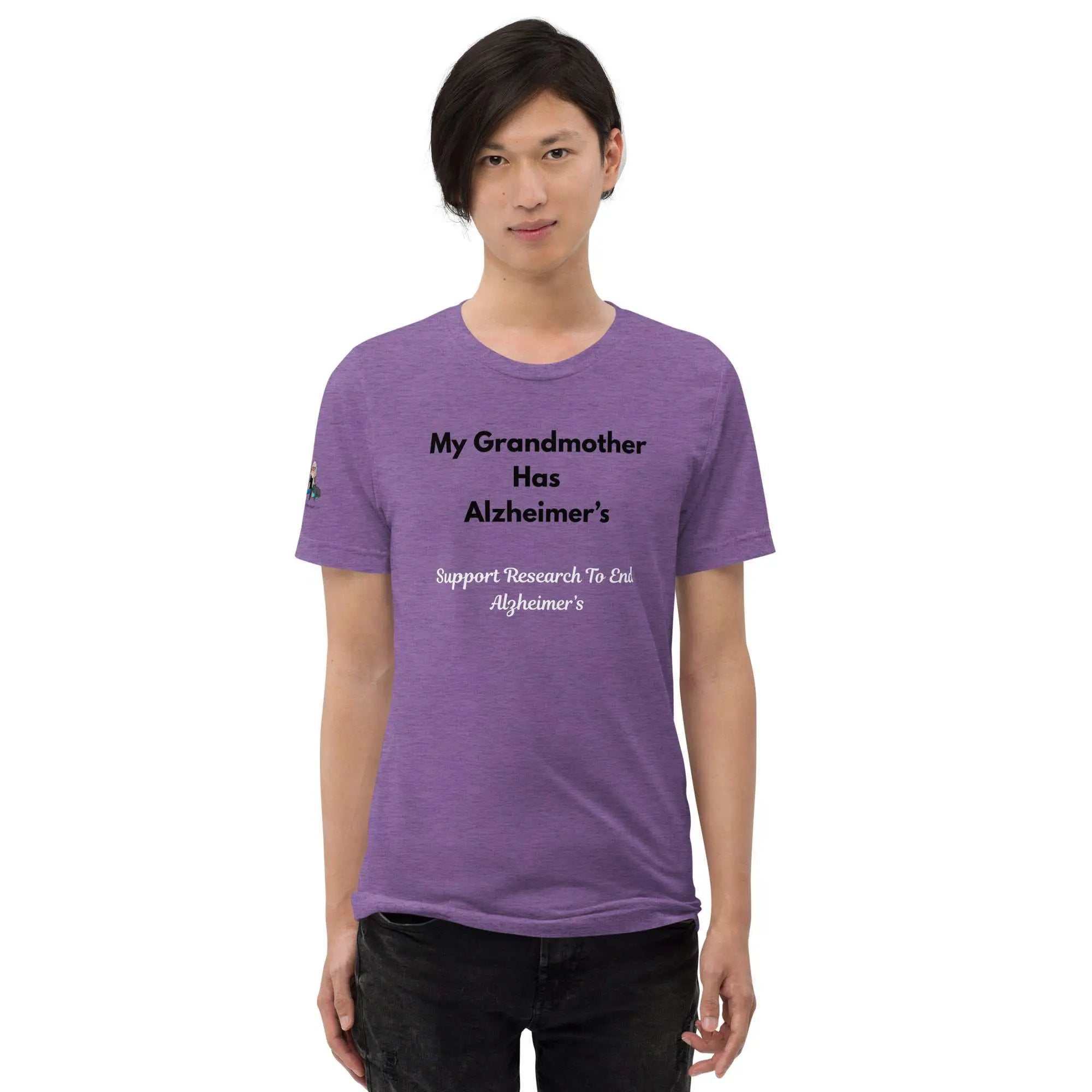 Man wearing a purple Alzheimer's awareness t-shirt with the text My Grandmother Has Alzheimer's